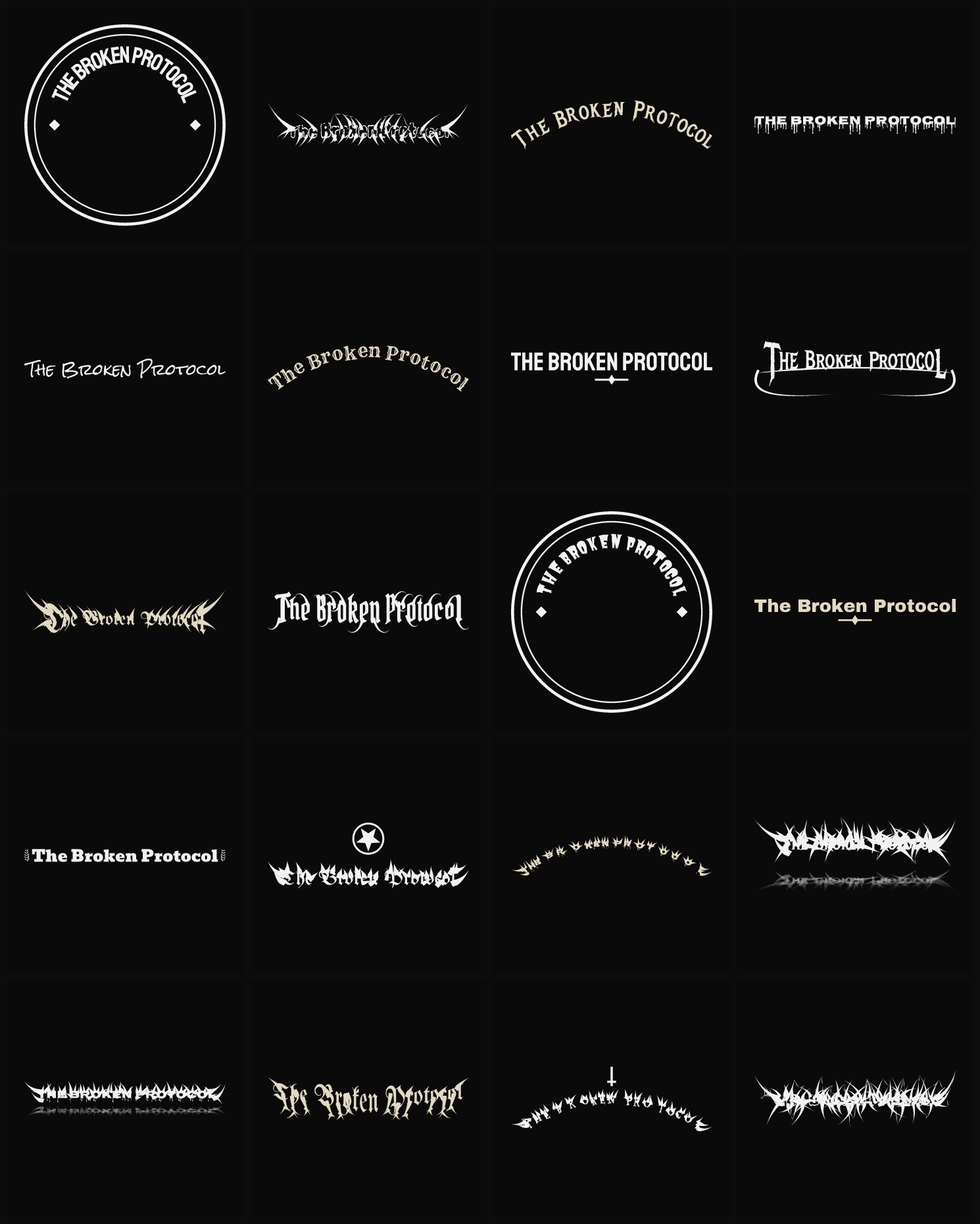 Twenty The Broken Protocol band logo ideas — different faces, treatments and spike settings