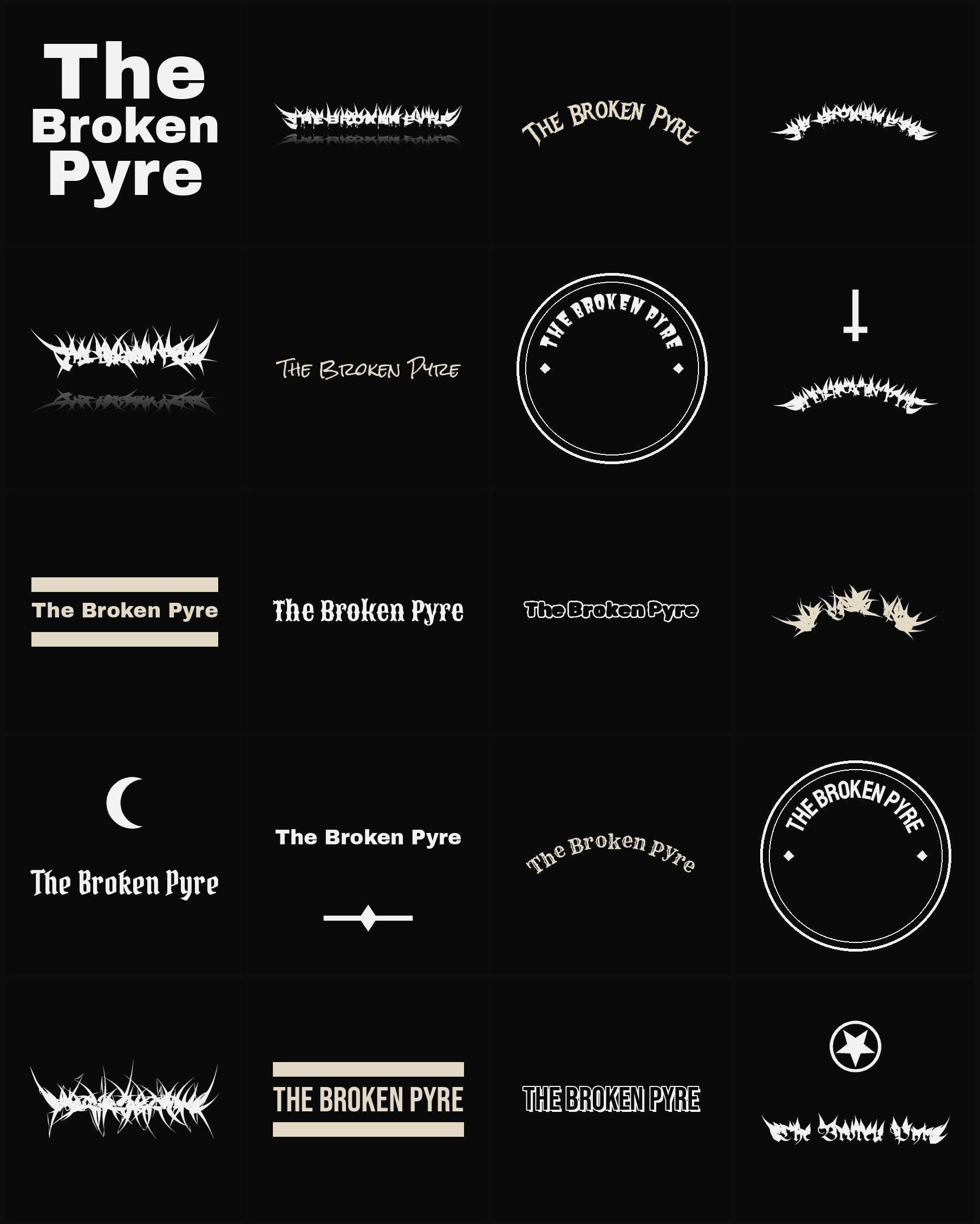 Twenty The Broken Pyre band logo ideas — different faces, treatments and spike settings