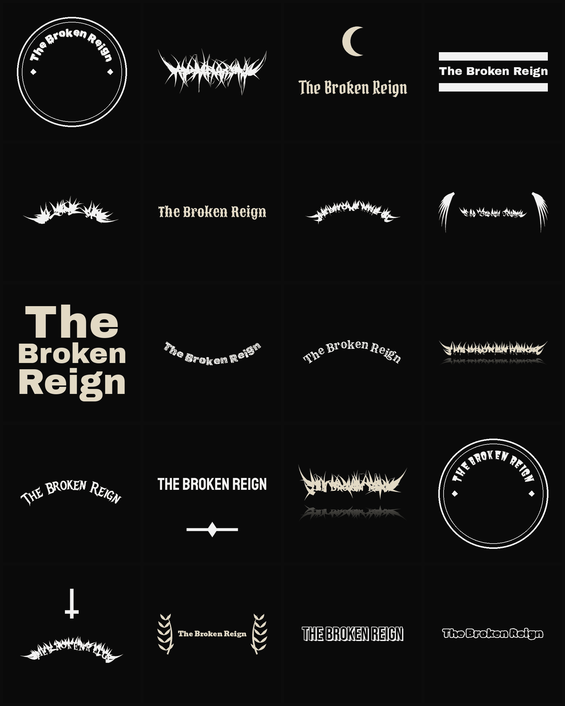 Twenty The Broken Reign band logo ideas — different faces, treatments and spike settings