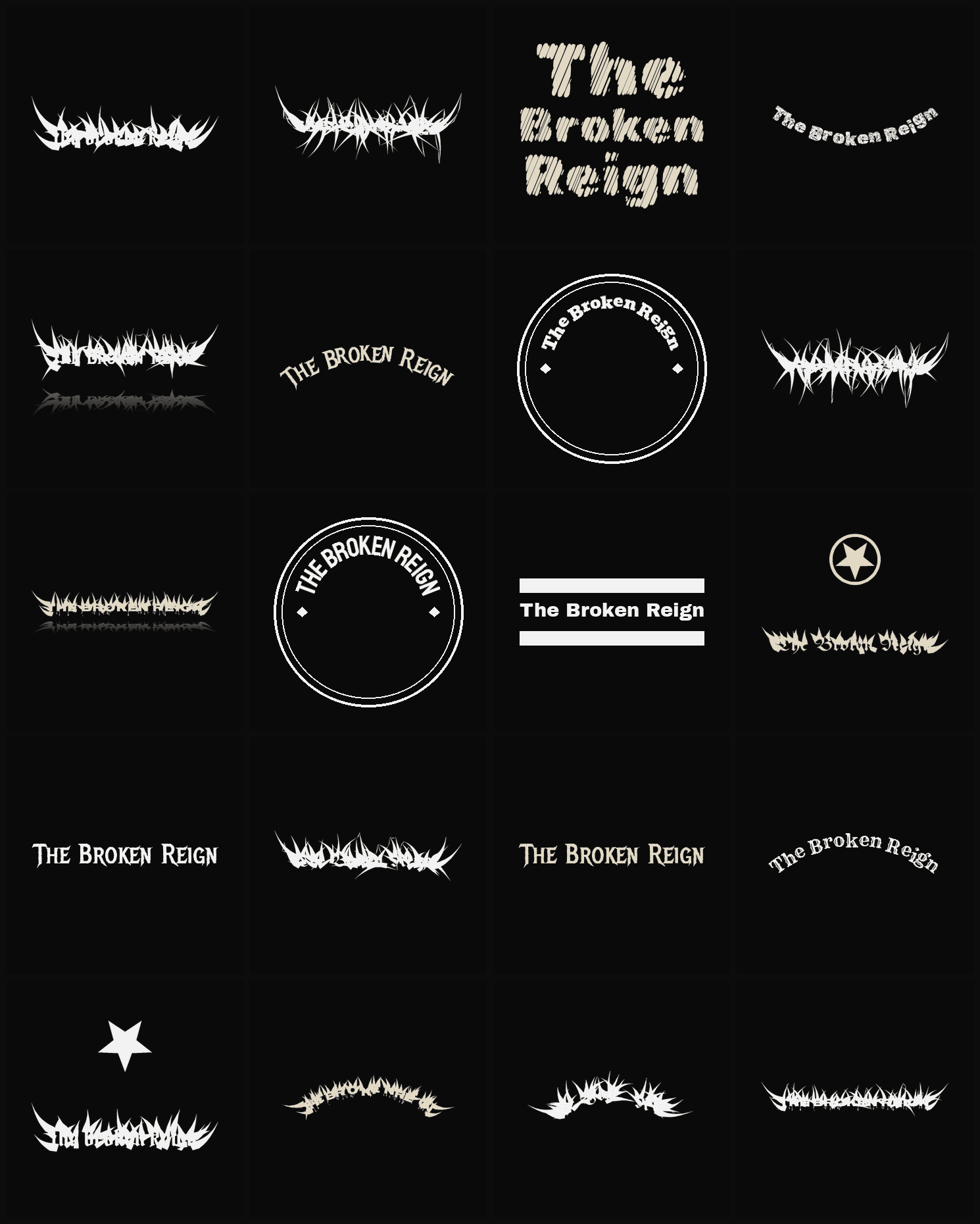 Twenty The Broken Reign band logo ideas — different faces, treatments and spike settings