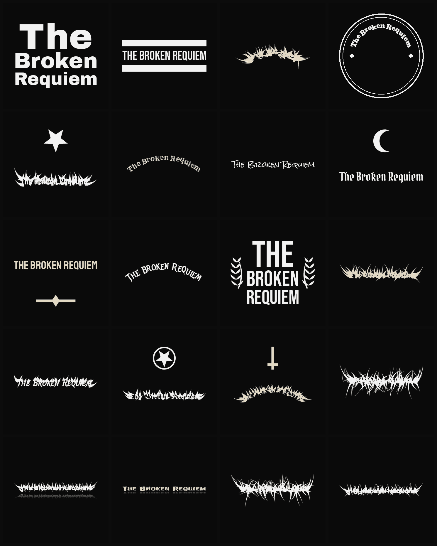 Twenty The Broken Requiem band logo ideas — different faces, treatments and spike settings