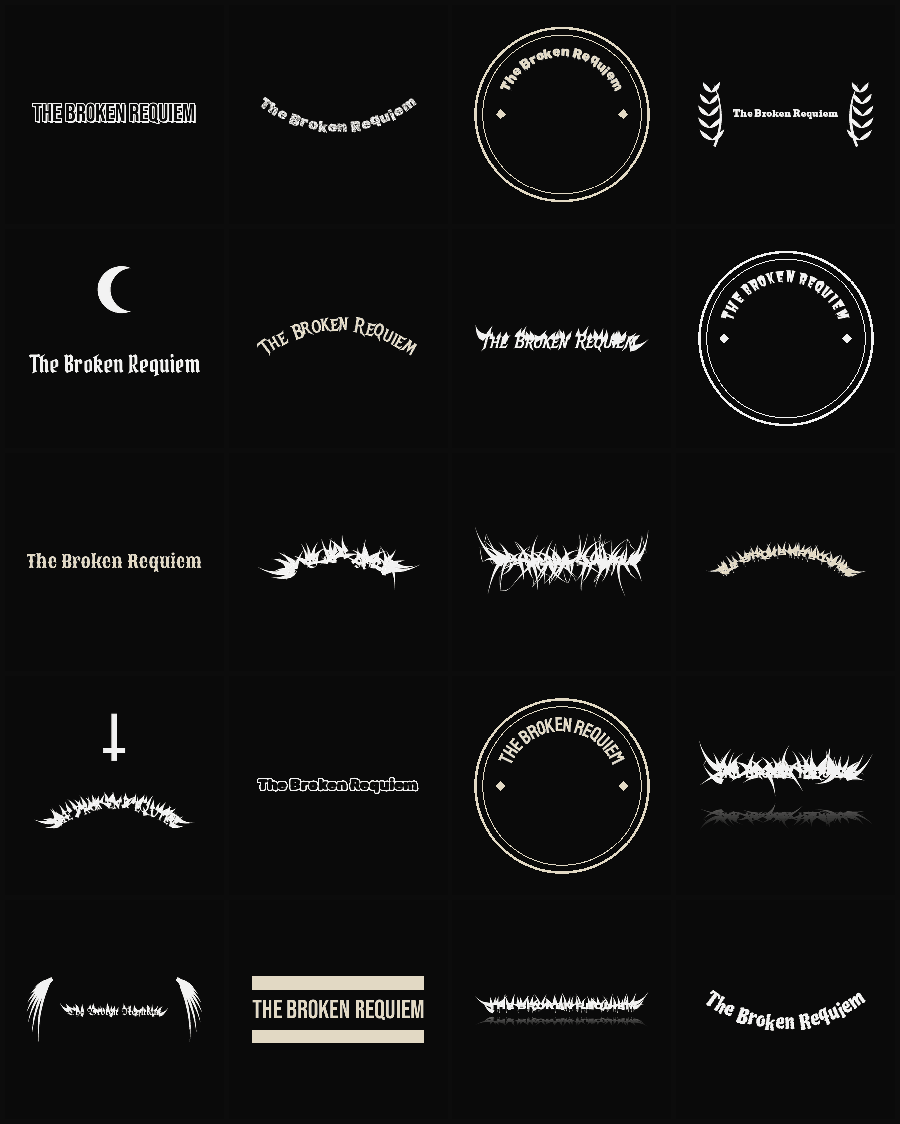 Twenty The Broken Requiem band logo ideas — different faces, treatments and spike settings