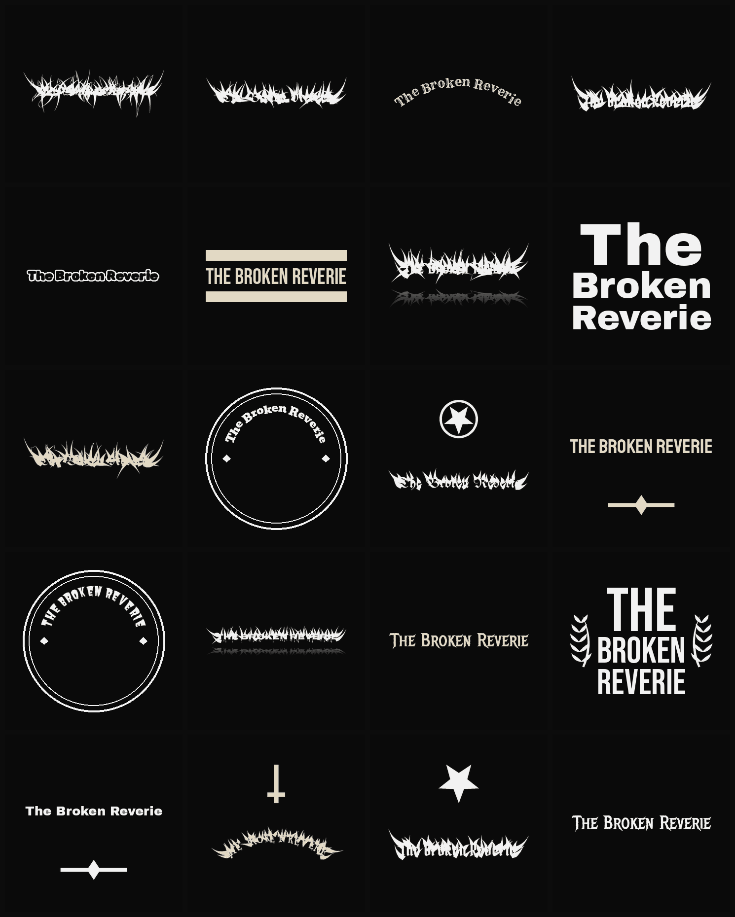 Twenty The Broken Reverie band logo ideas — different faces, treatments and spike settings