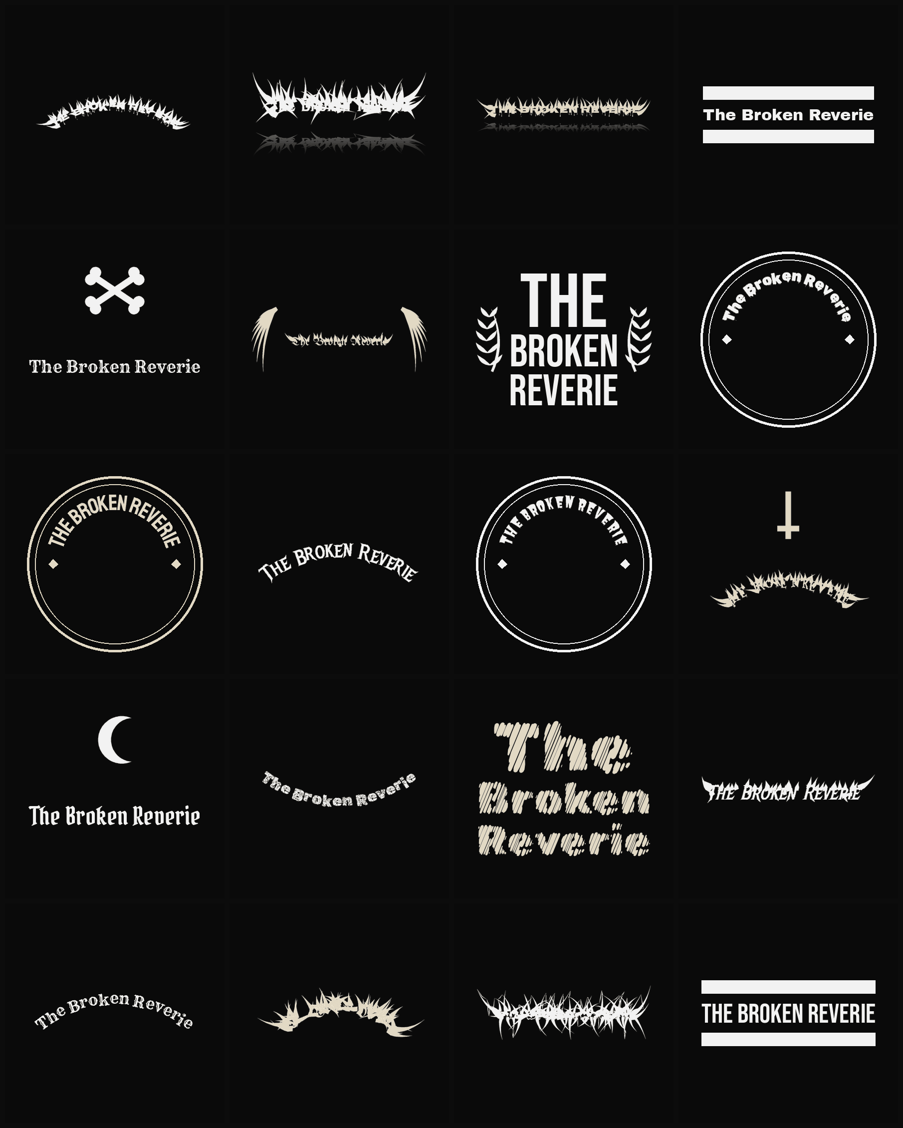 Twenty The Broken Reverie band logo ideas — different faces, treatments and spike settings