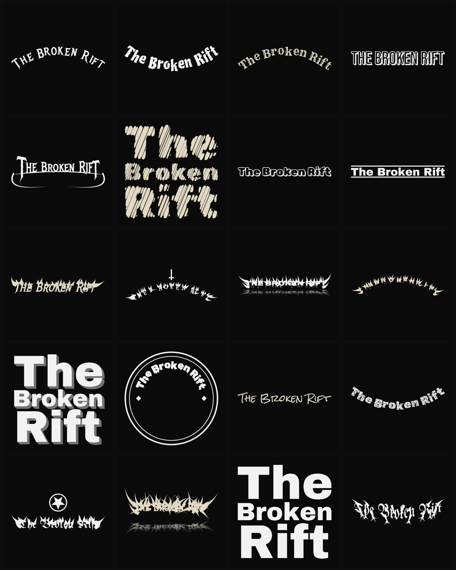 Twenty The Broken Rift band logo ideas — different faces, treatments and spike settings