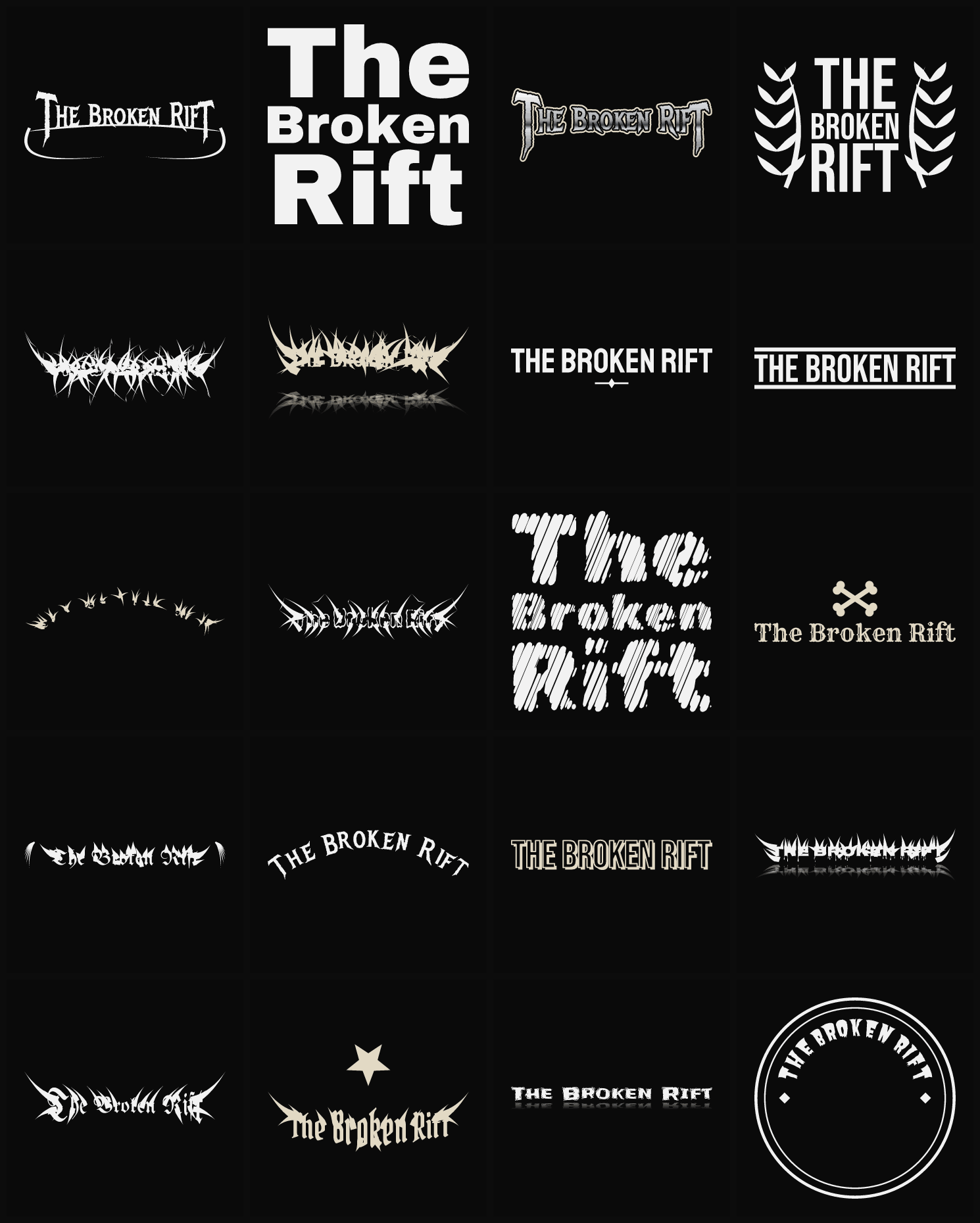 Twenty The Broken Rift band logo ideas — different faces, treatments and spike settings