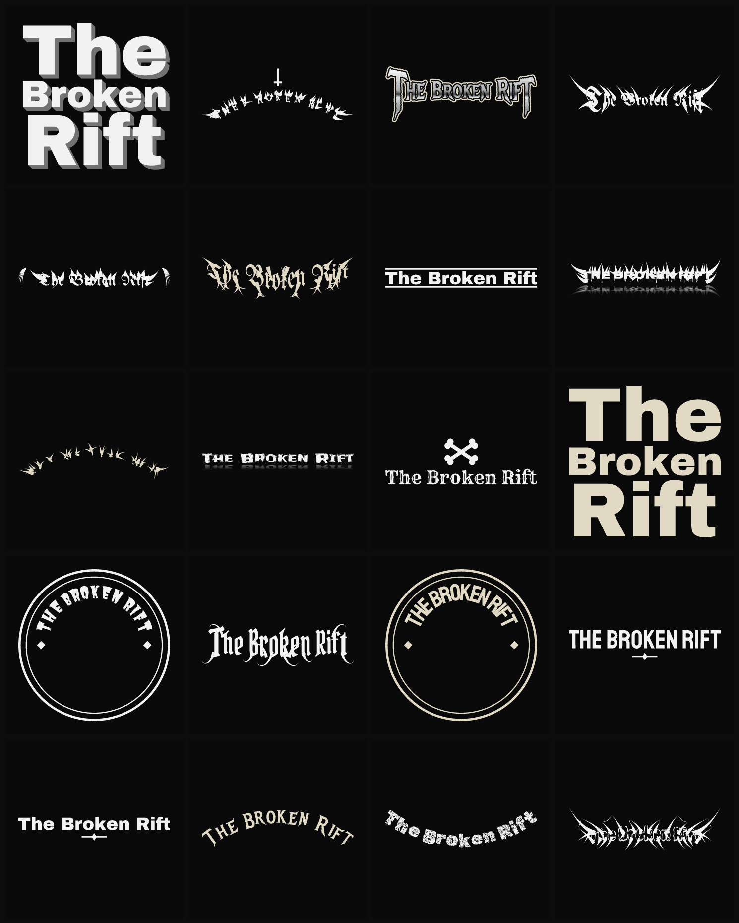 Twenty The Broken Rift band logo ideas — different faces, treatments and spike settings