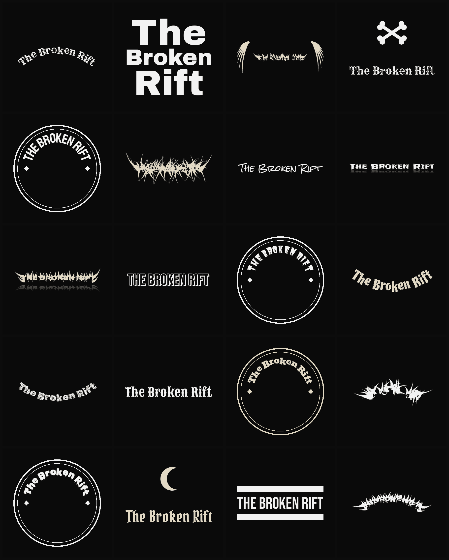 Twenty The Broken Rift band logo ideas — different faces, treatments and spike settings