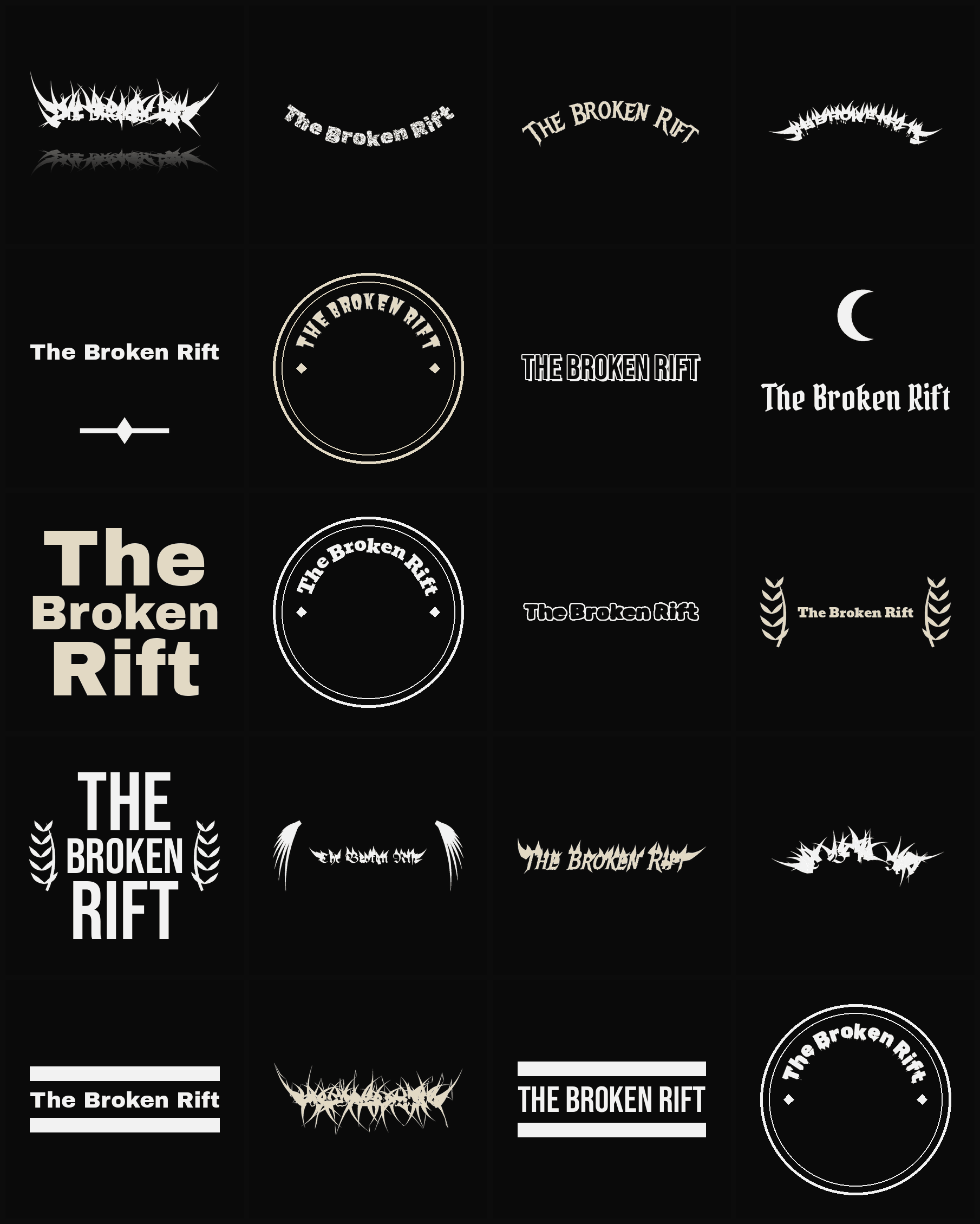 Twenty The Broken Rift band logo ideas — different faces, treatments and spike settings