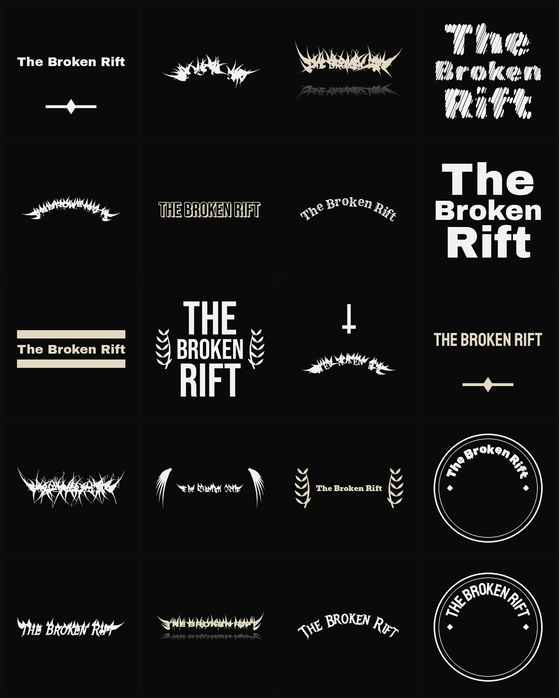 Twenty The Broken Rift band logo ideas — different faces, treatments and spike settings
