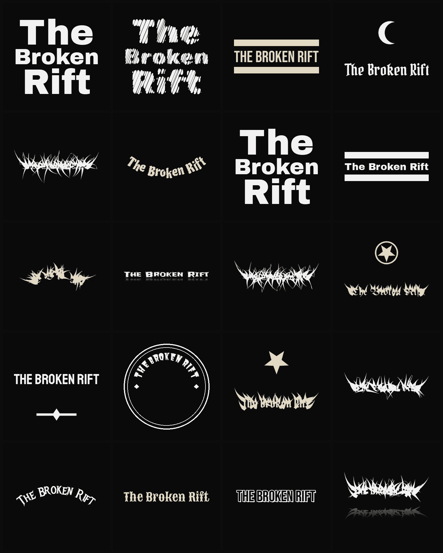 Twenty The Broken Rift band logo ideas — different faces, treatments and spike settings