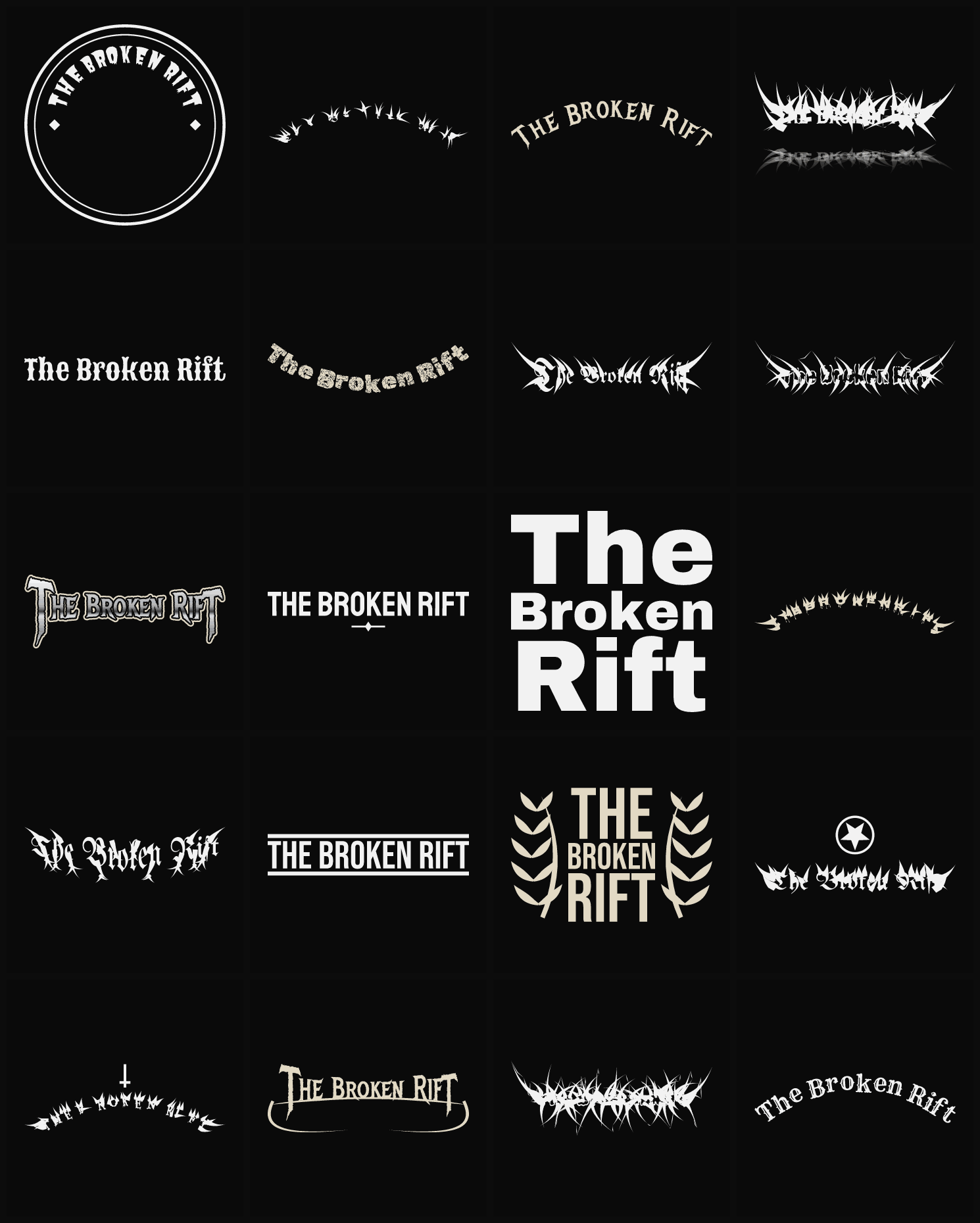 Twenty The Broken Rift band logo ideas — different faces, treatments and spike settings