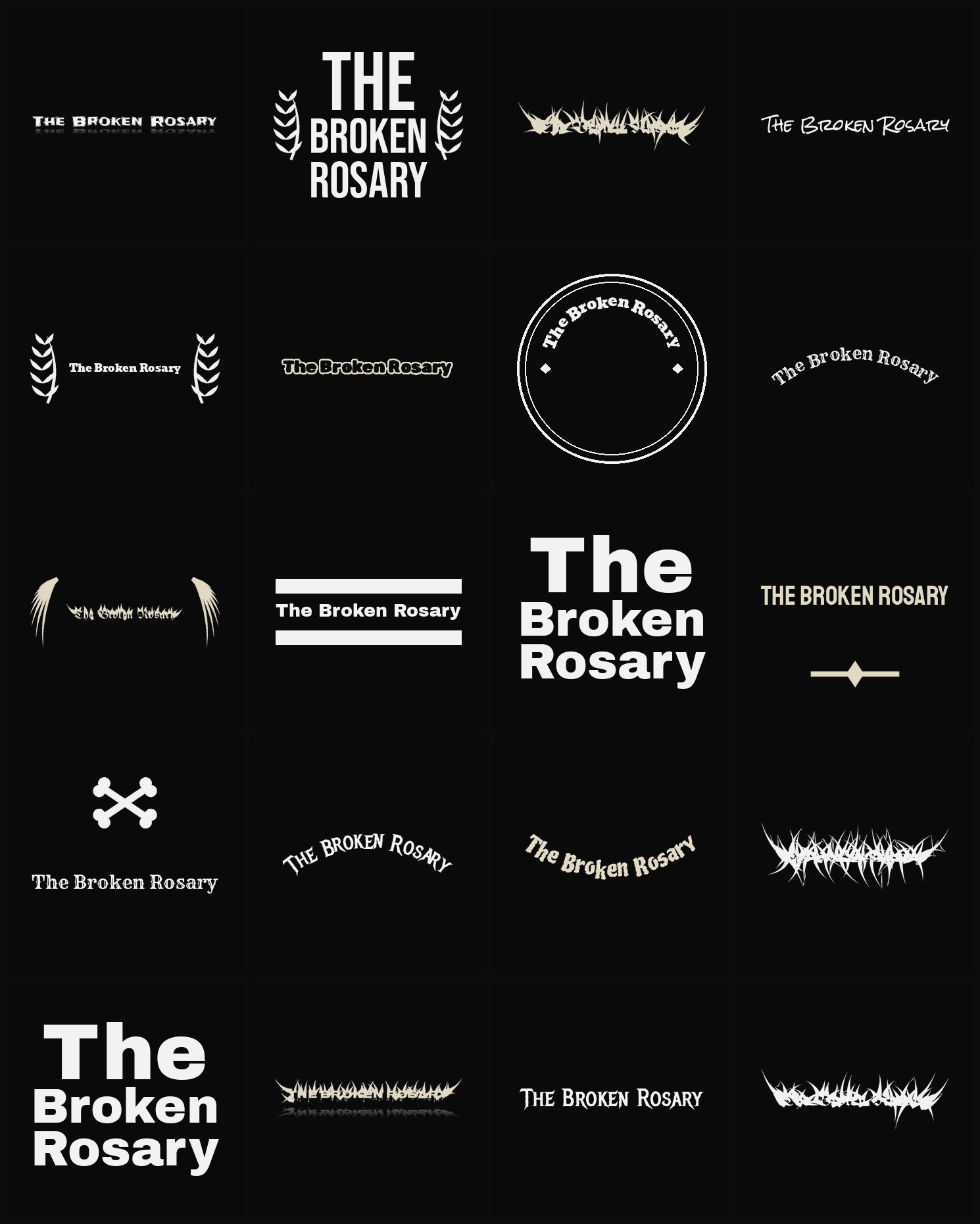 Twenty The Broken Rosary band logo ideas — different faces, treatments and spike settings