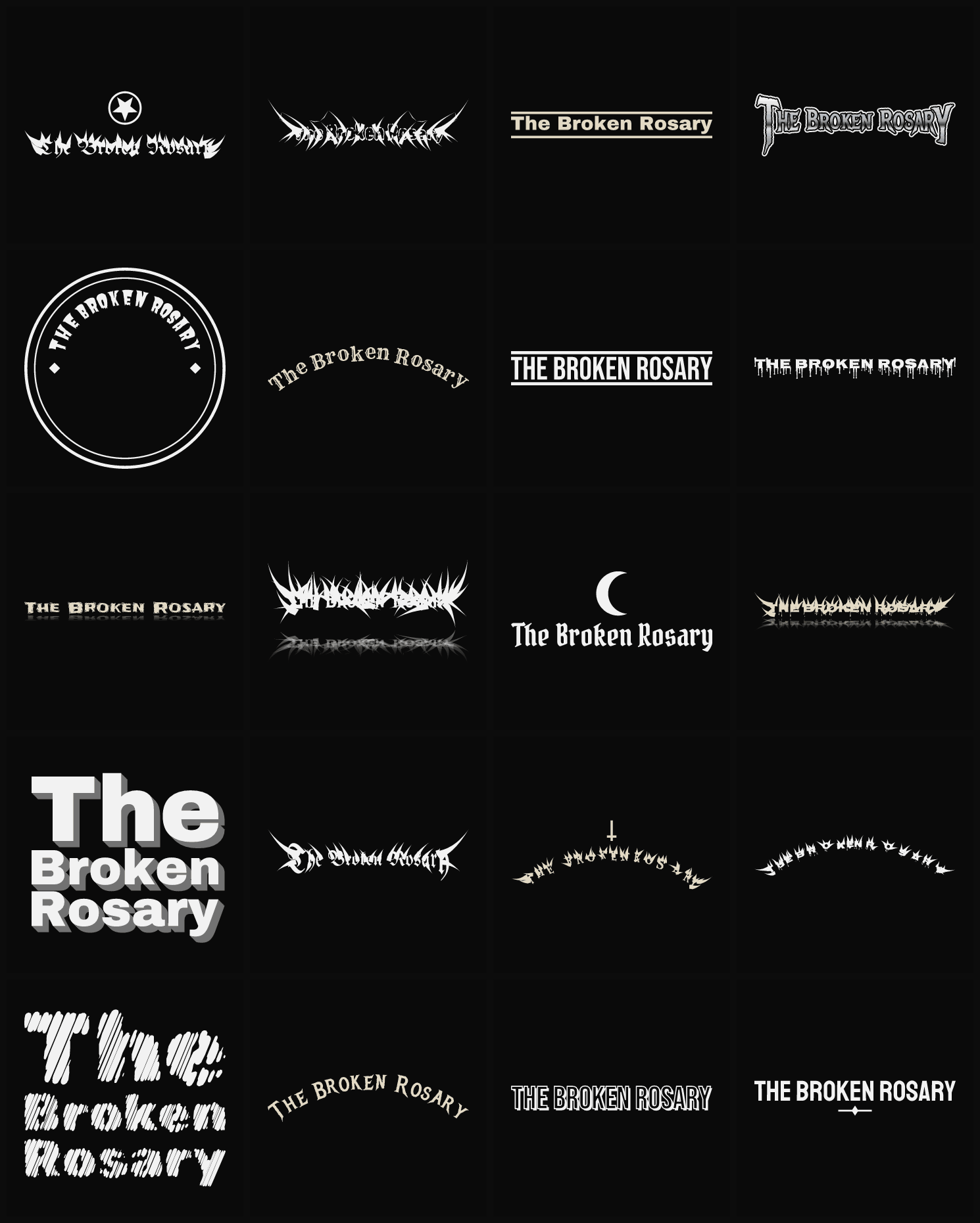 Twenty The Broken Rosary band logo ideas — different faces, treatments and spike settings