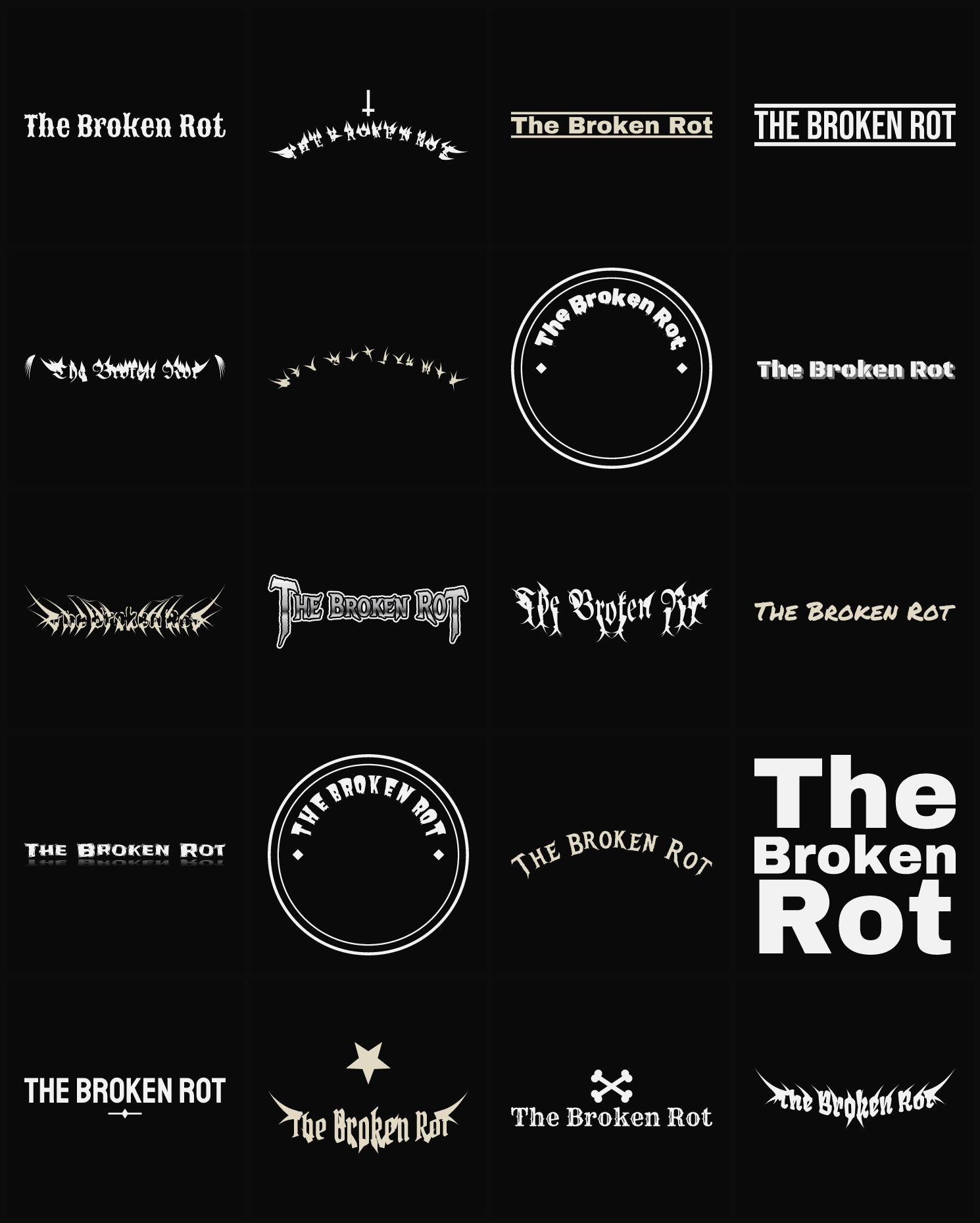 Twenty The Broken Rot band logo ideas — different faces, treatments and spike settings