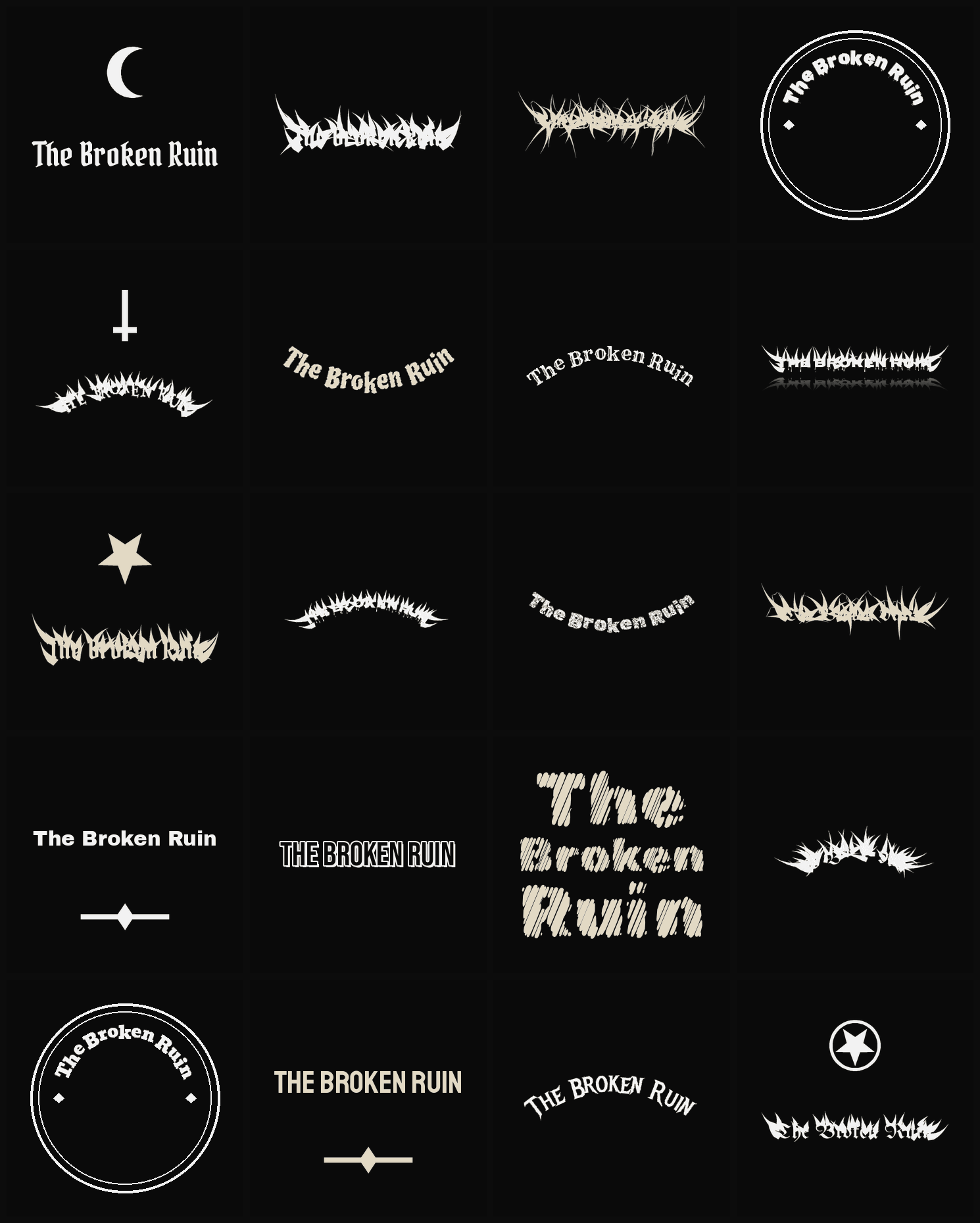 Twenty The Broken Ruin band logo ideas — different faces, treatments and spike settings