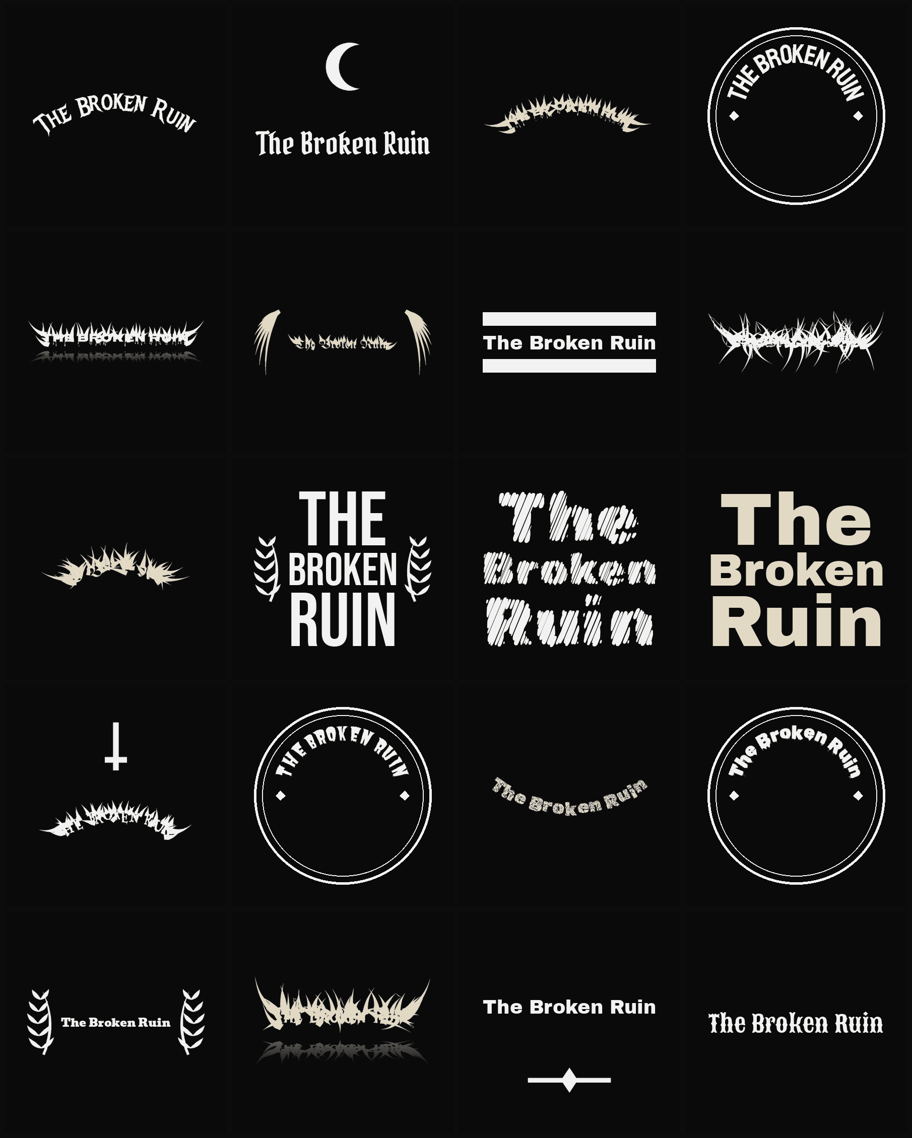 Twenty The Broken Ruin band logo ideas — different faces, treatments and spike settings