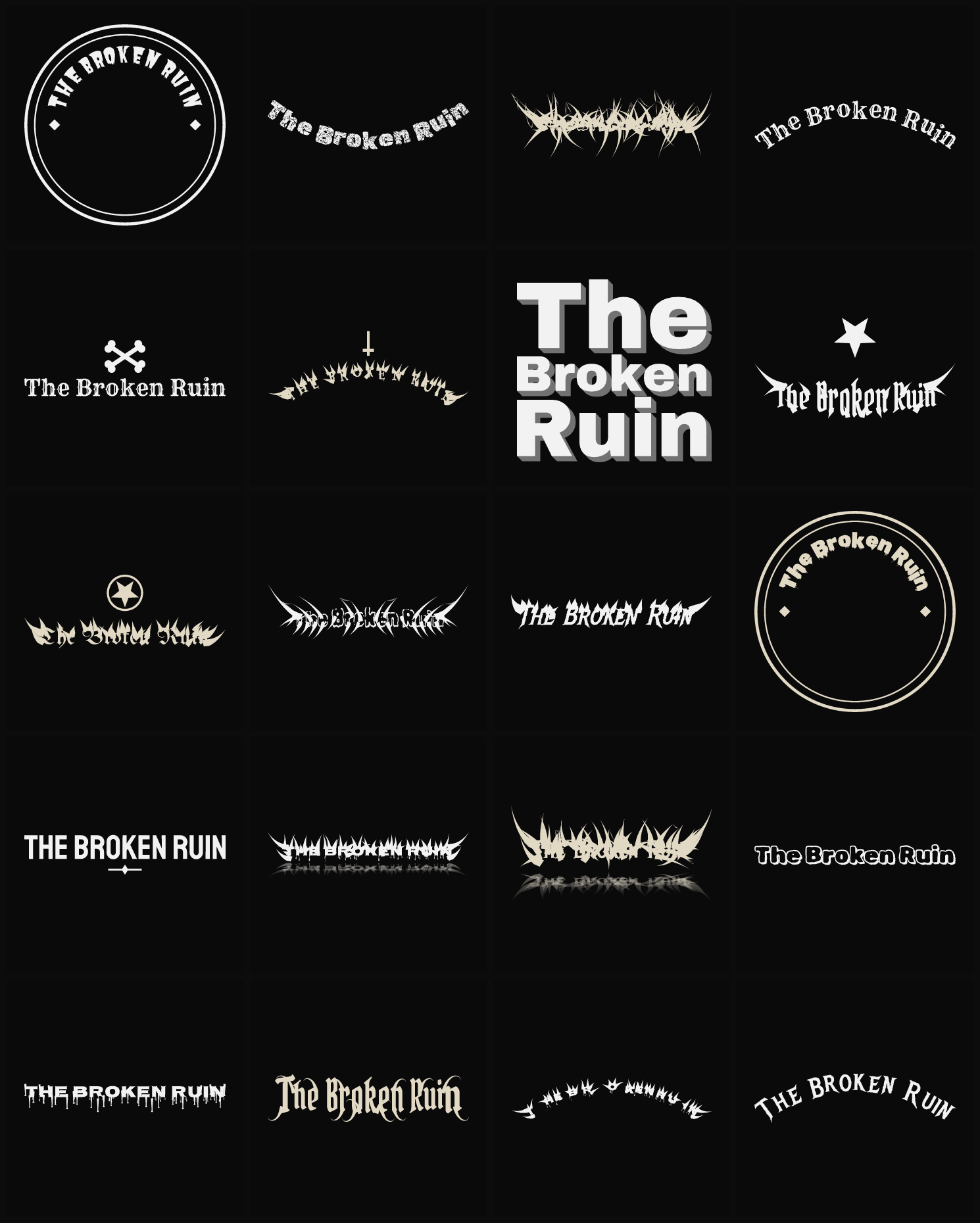 Twenty The Broken Ruin band logo ideas — different faces, treatments and spike settings