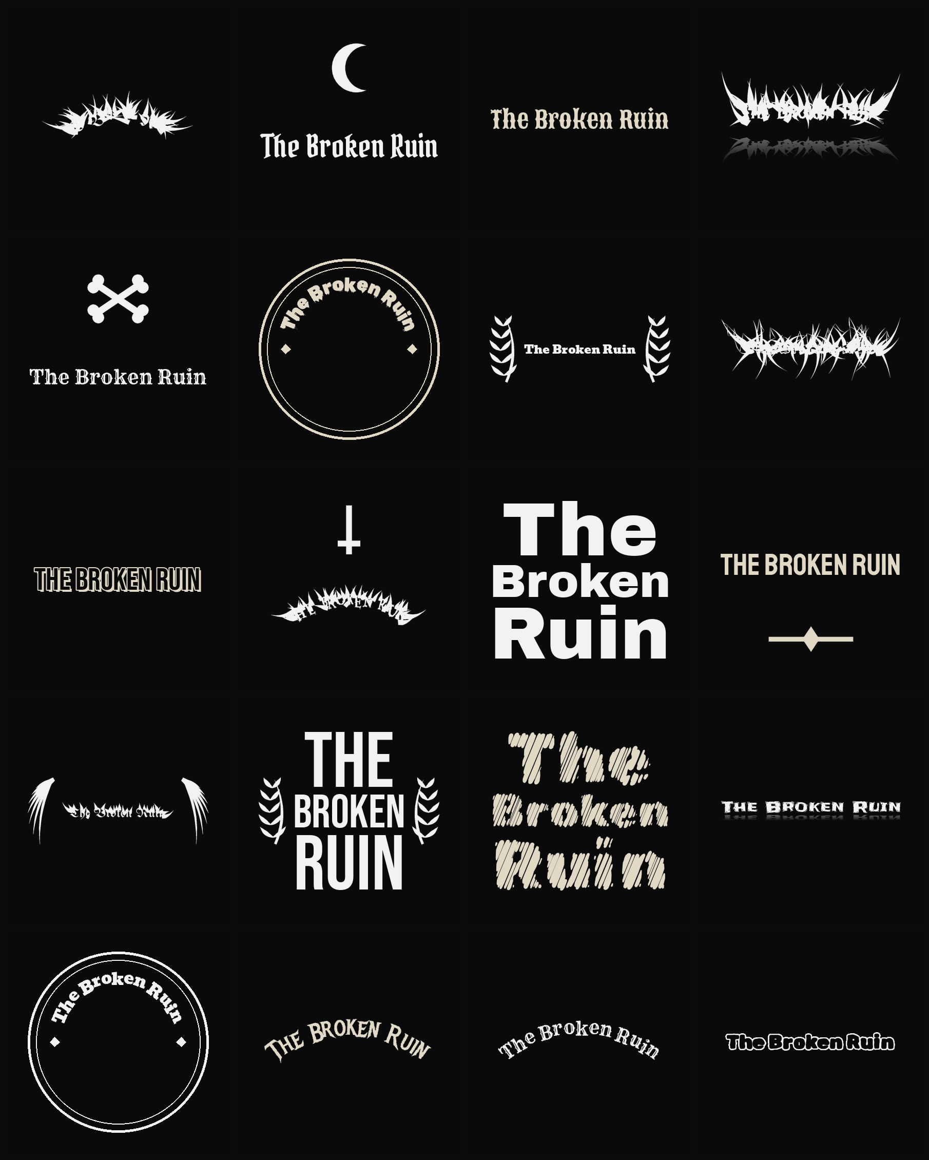 Twenty The Broken Ruin band logo ideas — different faces, treatments and spike settings