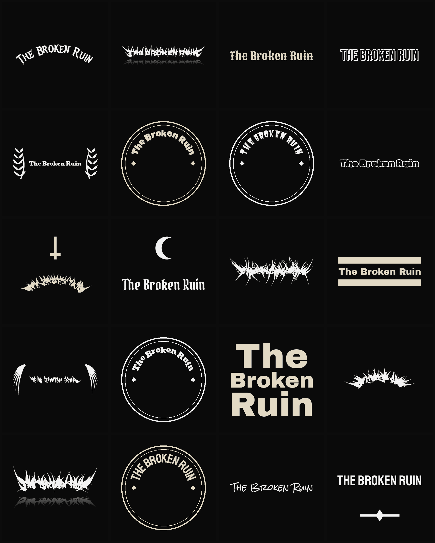 Twenty The Broken Ruin band logo ideas — different faces, treatments and spike settings