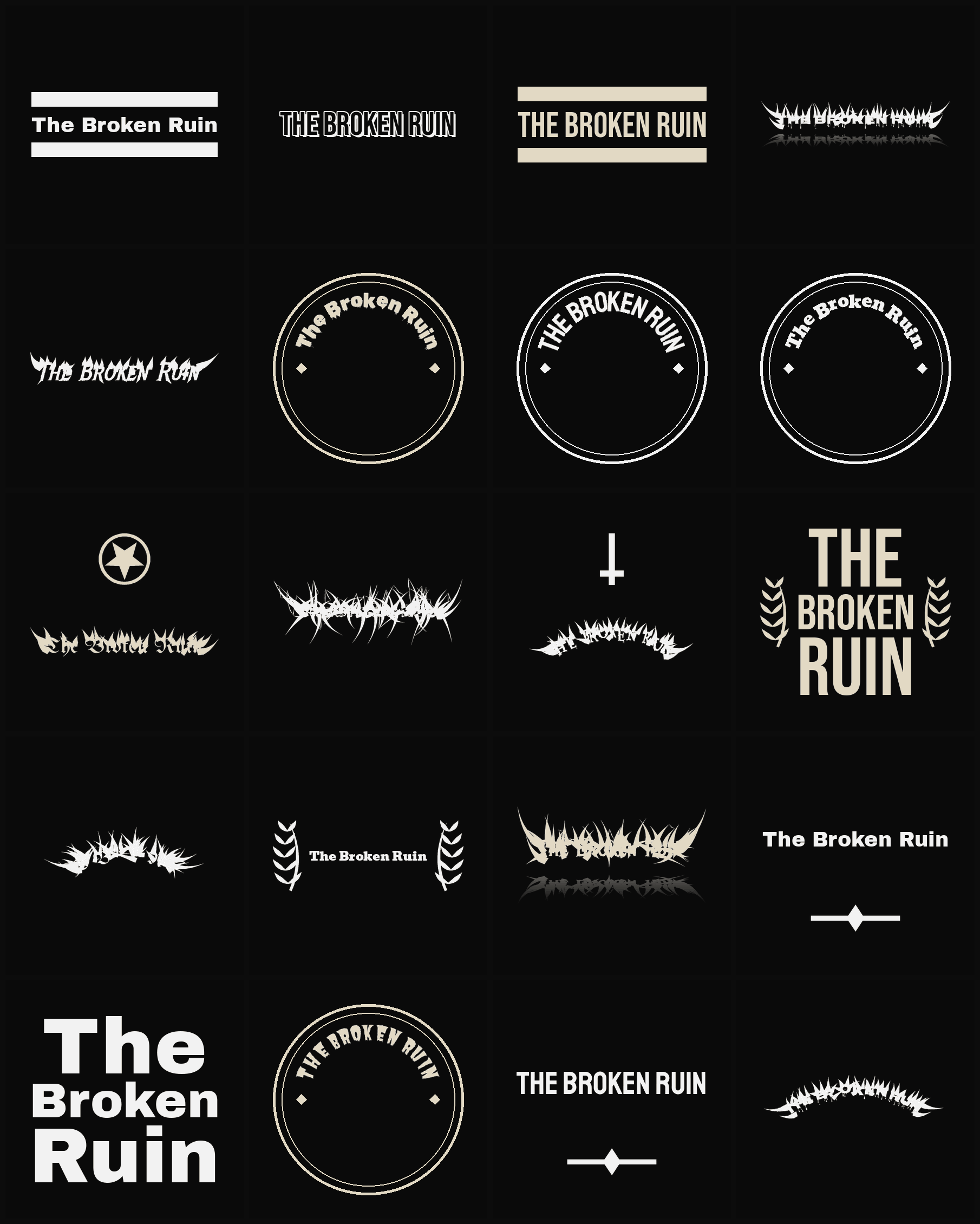Twenty The Broken Ruin band logo ideas — different faces, treatments and spike settings