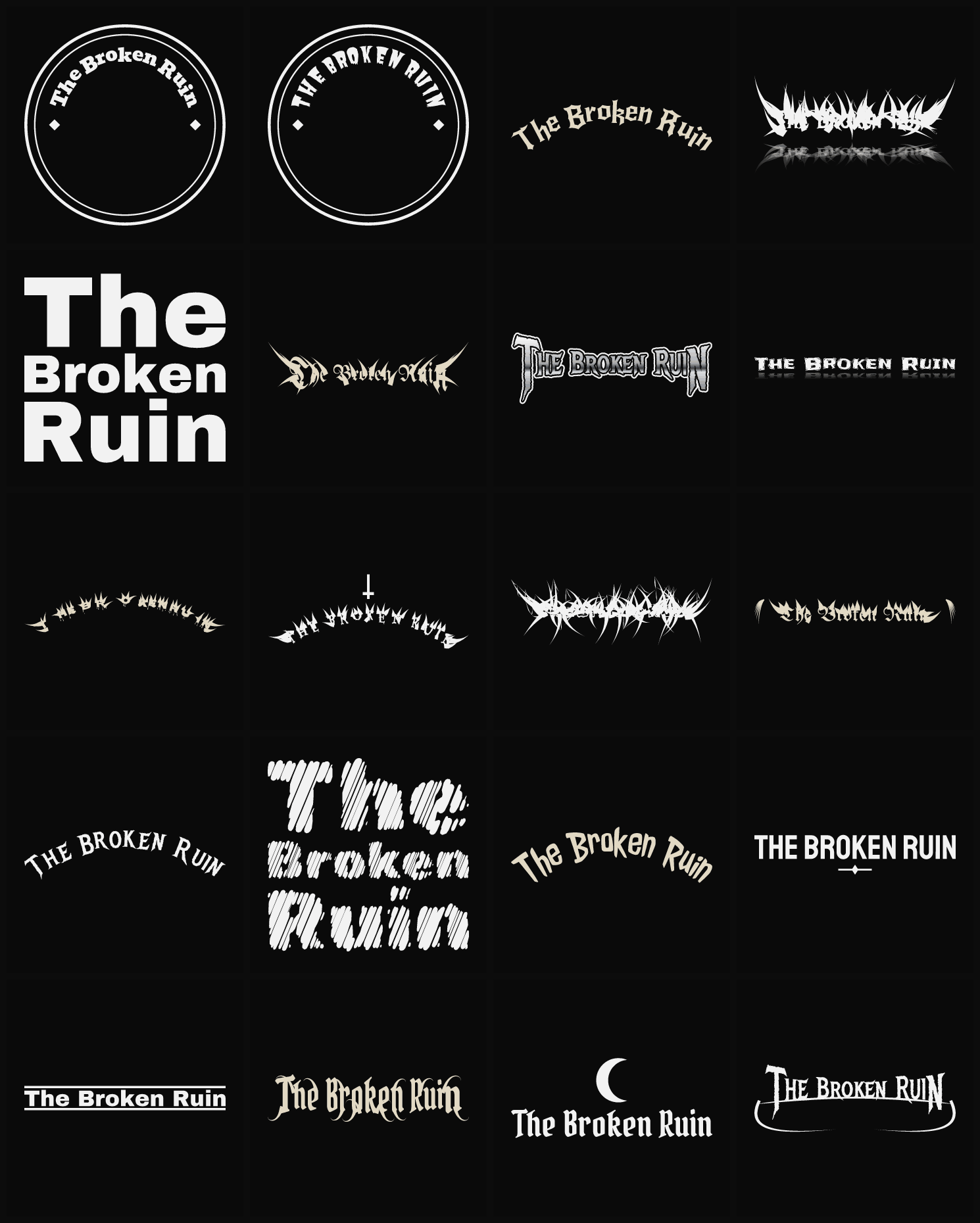 Twenty The Broken Ruin band logo ideas — different faces, treatments and spike settings