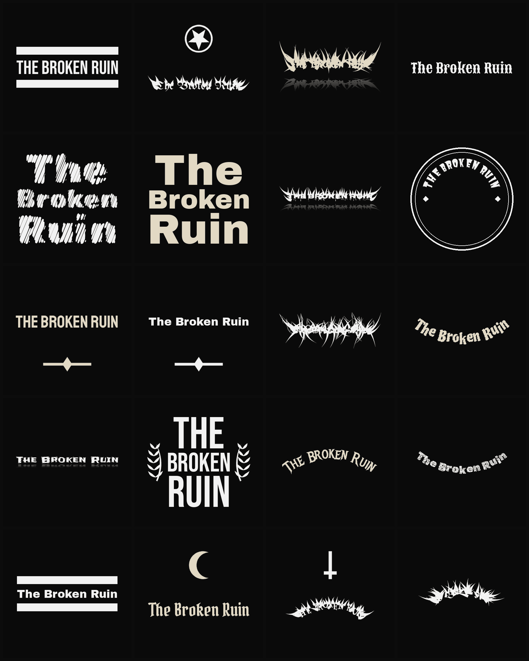 Twenty The Broken Ruin band logo ideas — different faces, treatments and spike settings