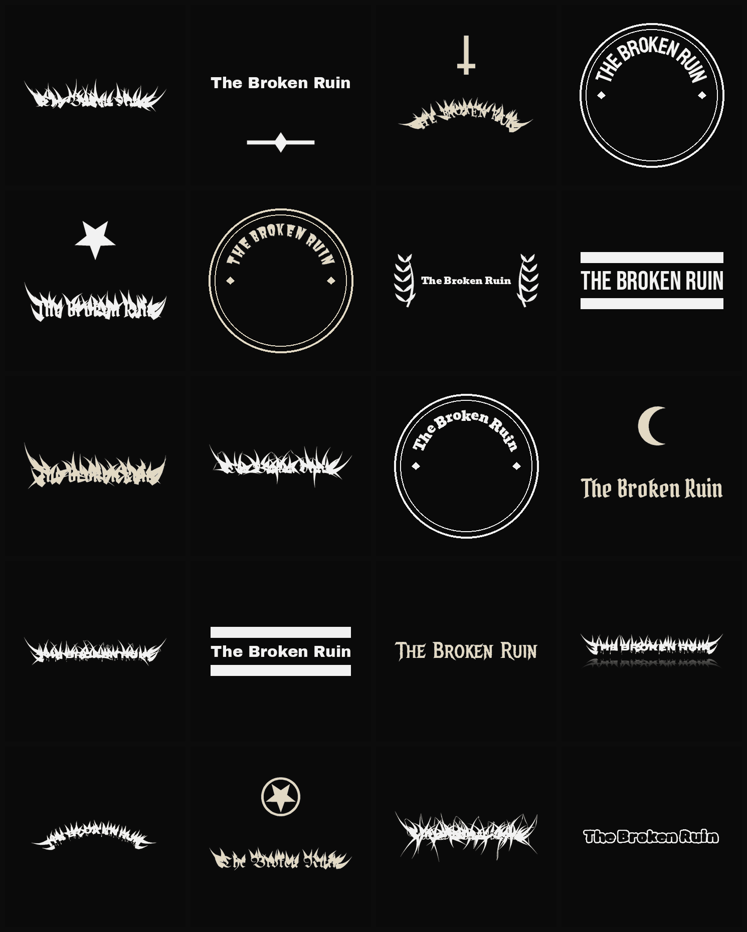 Twenty The Broken Ruin band logo ideas — different faces, treatments and spike settings
