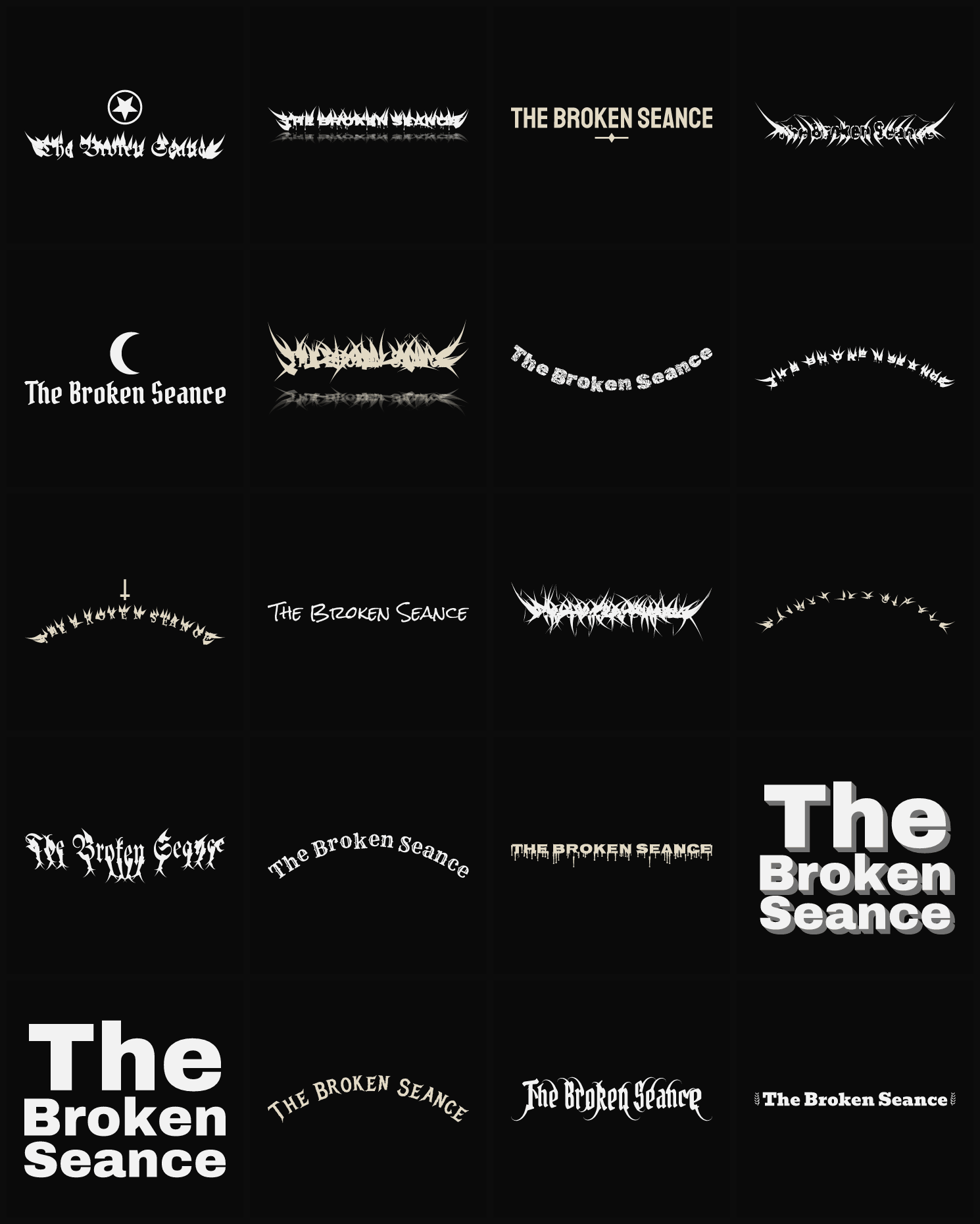 Twenty The Broken Seance band logo ideas — different faces, treatments and spike settings