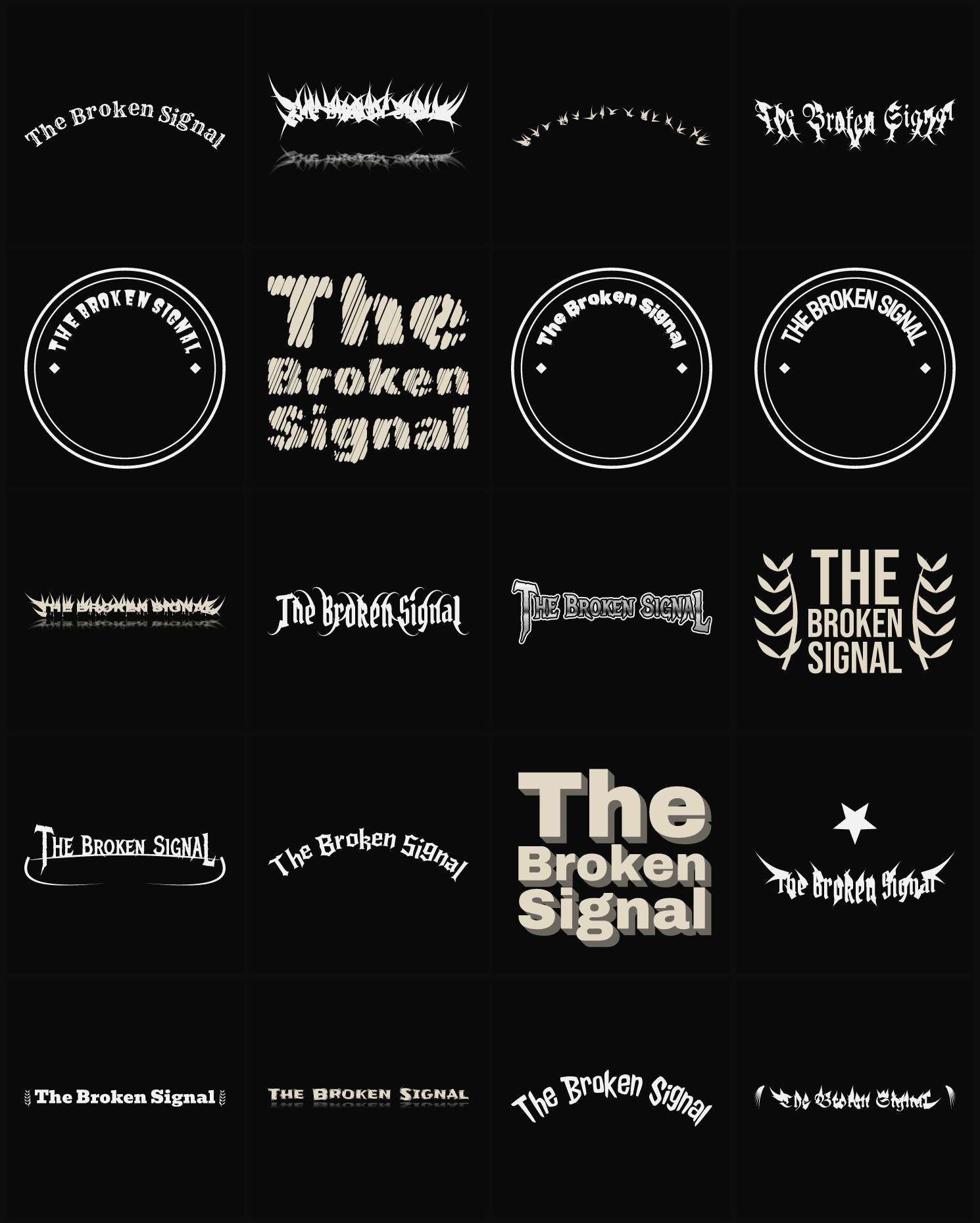Twenty The Broken Signal band logo ideas — different faces, treatments and spike settings