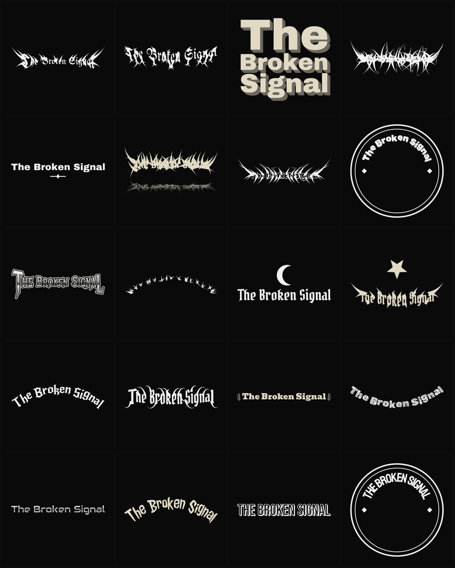 Twenty The Broken Signal band logo ideas — different faces, treatments and spike settings