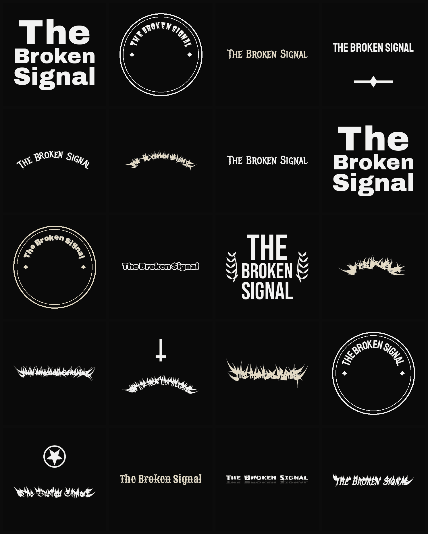Twenty The Broken Signal band logo ideas — different faces, treatments and spike settings