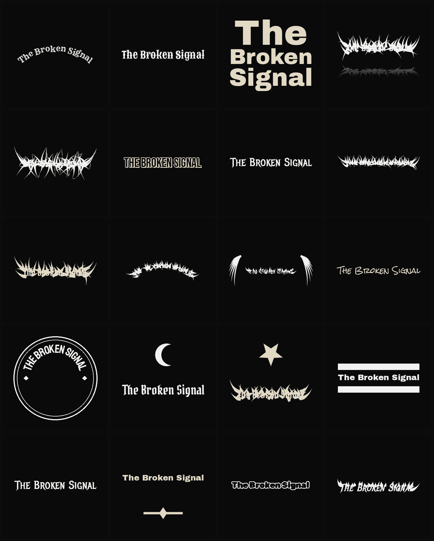 Twenty The Broken Signal band logo ideas — different faces, treatments and spike settings