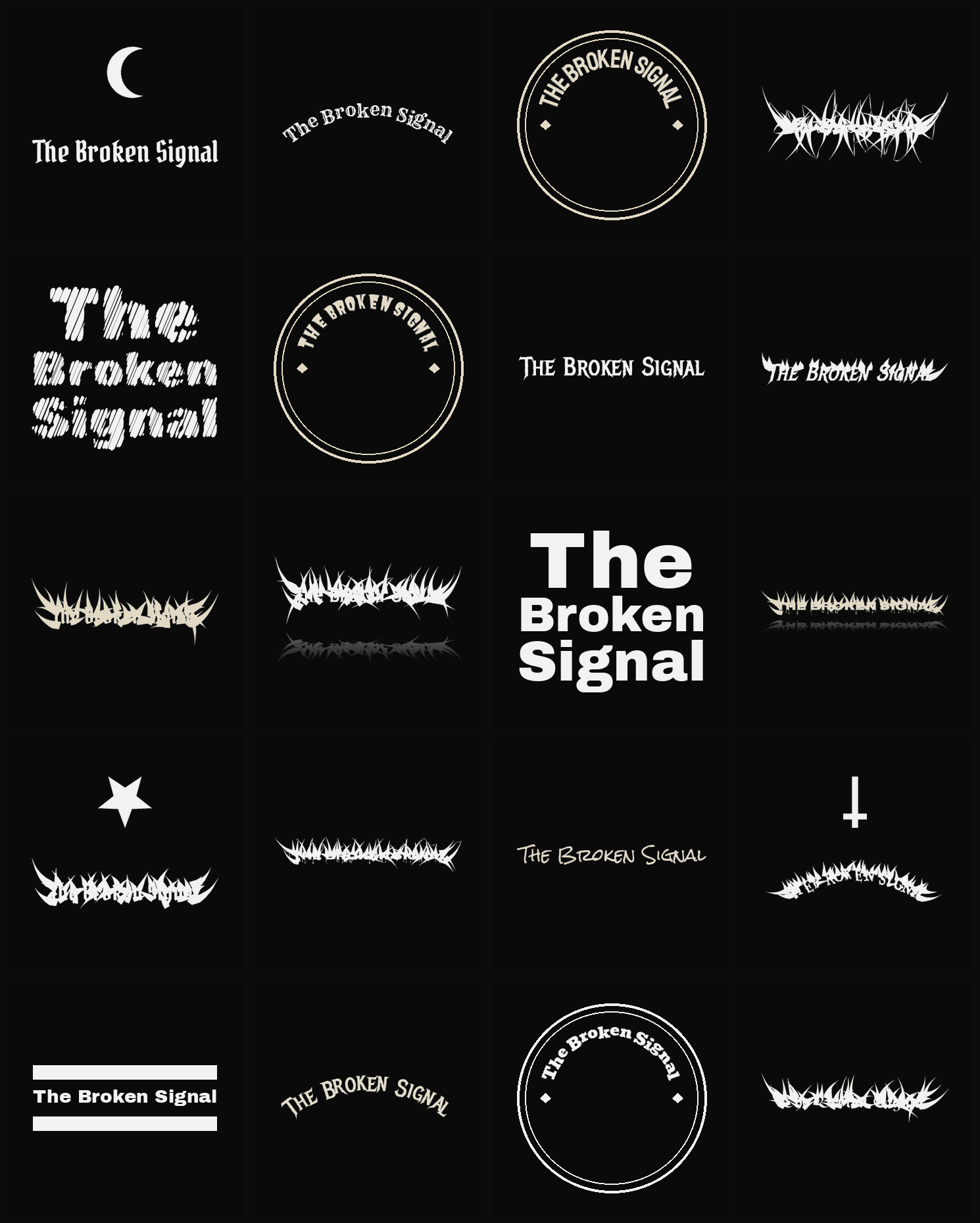Twenty The Broken Signal band logo ideas — different faces, treatments and spike settings