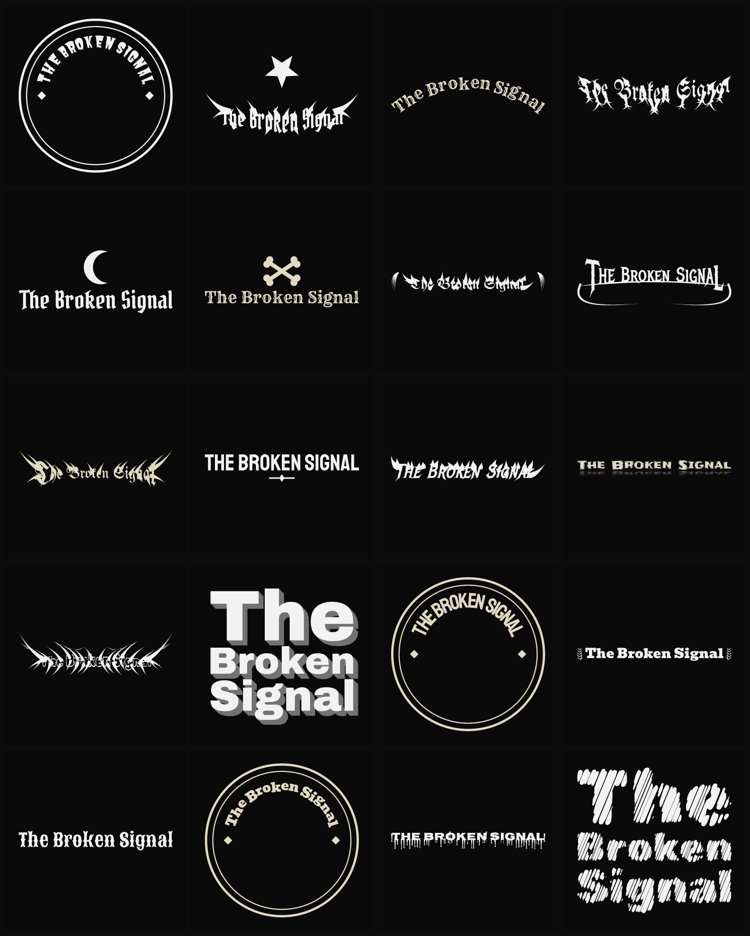 Twenty The Broken Signal band logo ideas — different faces, treatments and spike settings