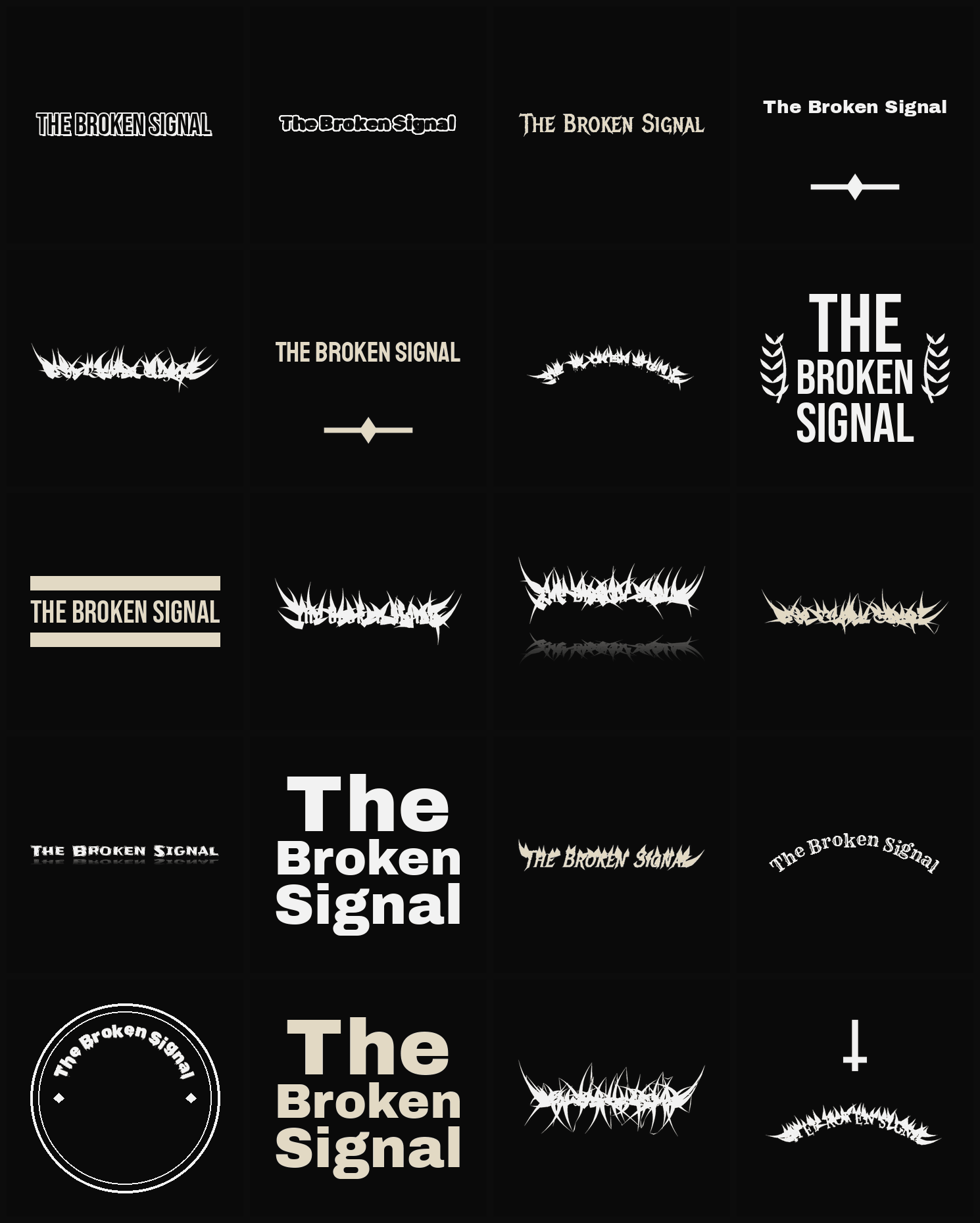Twenty The Broken Signal band logo ideas — different faces, treatments and spike settings
