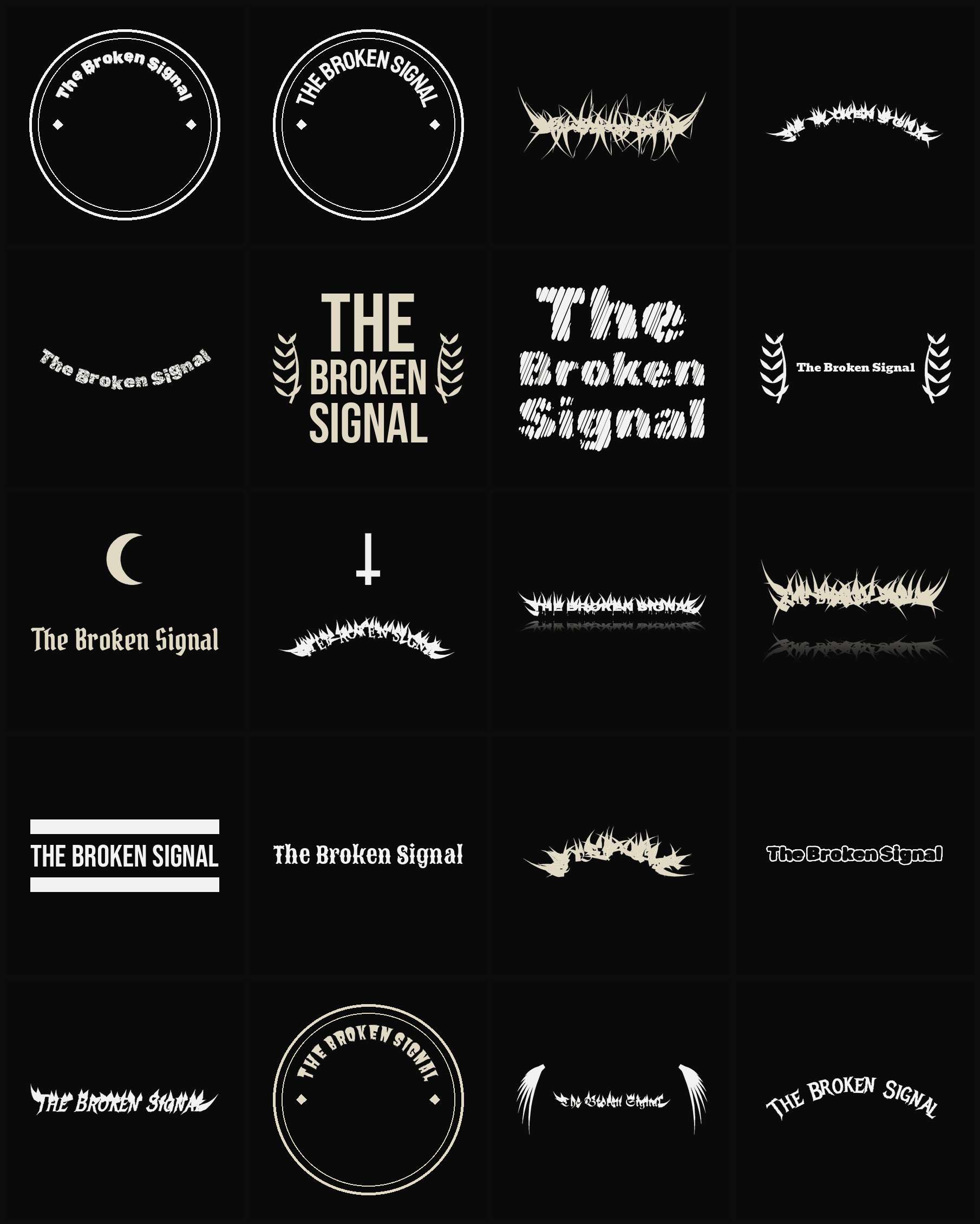Twenty The Broken Signal band logo ideas — different faces, treatments and spike settings