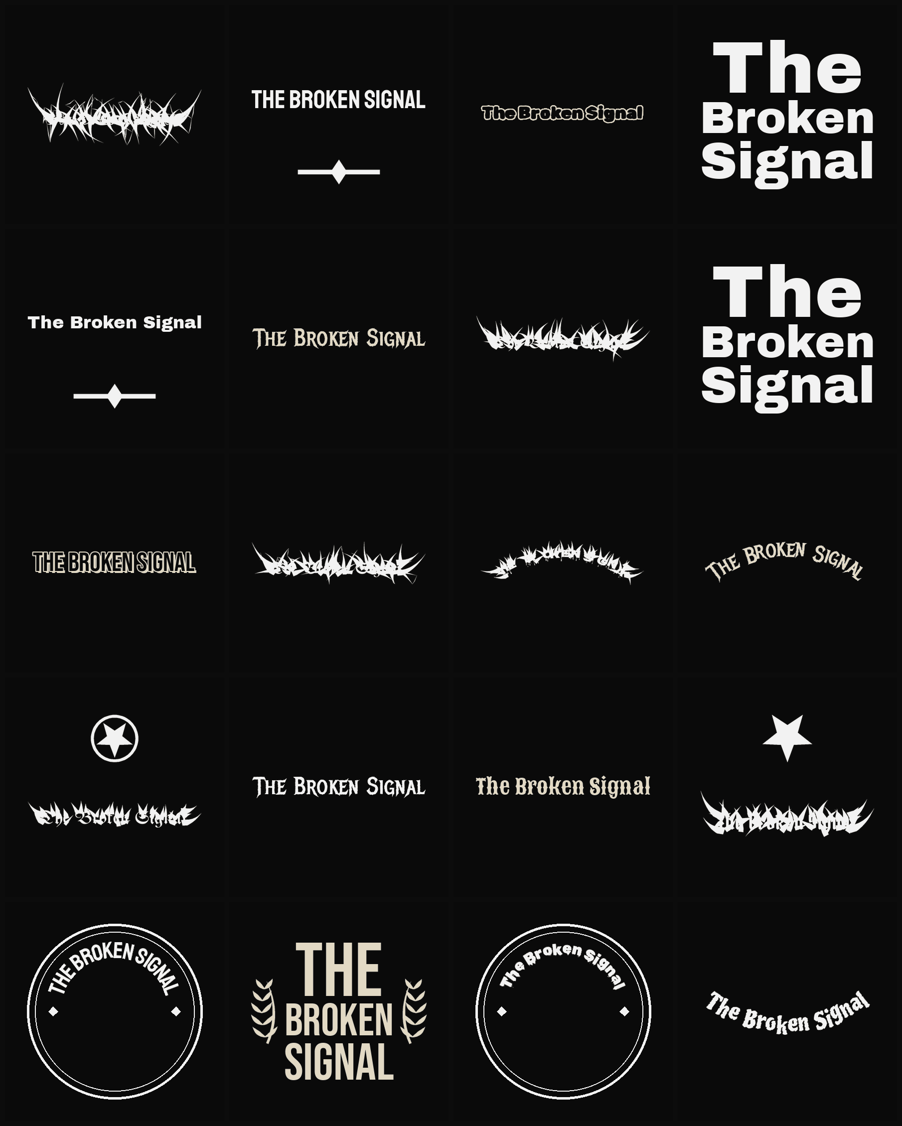 Twenty The Broken Signal band logo ideas — different faces, treatments and spike settings