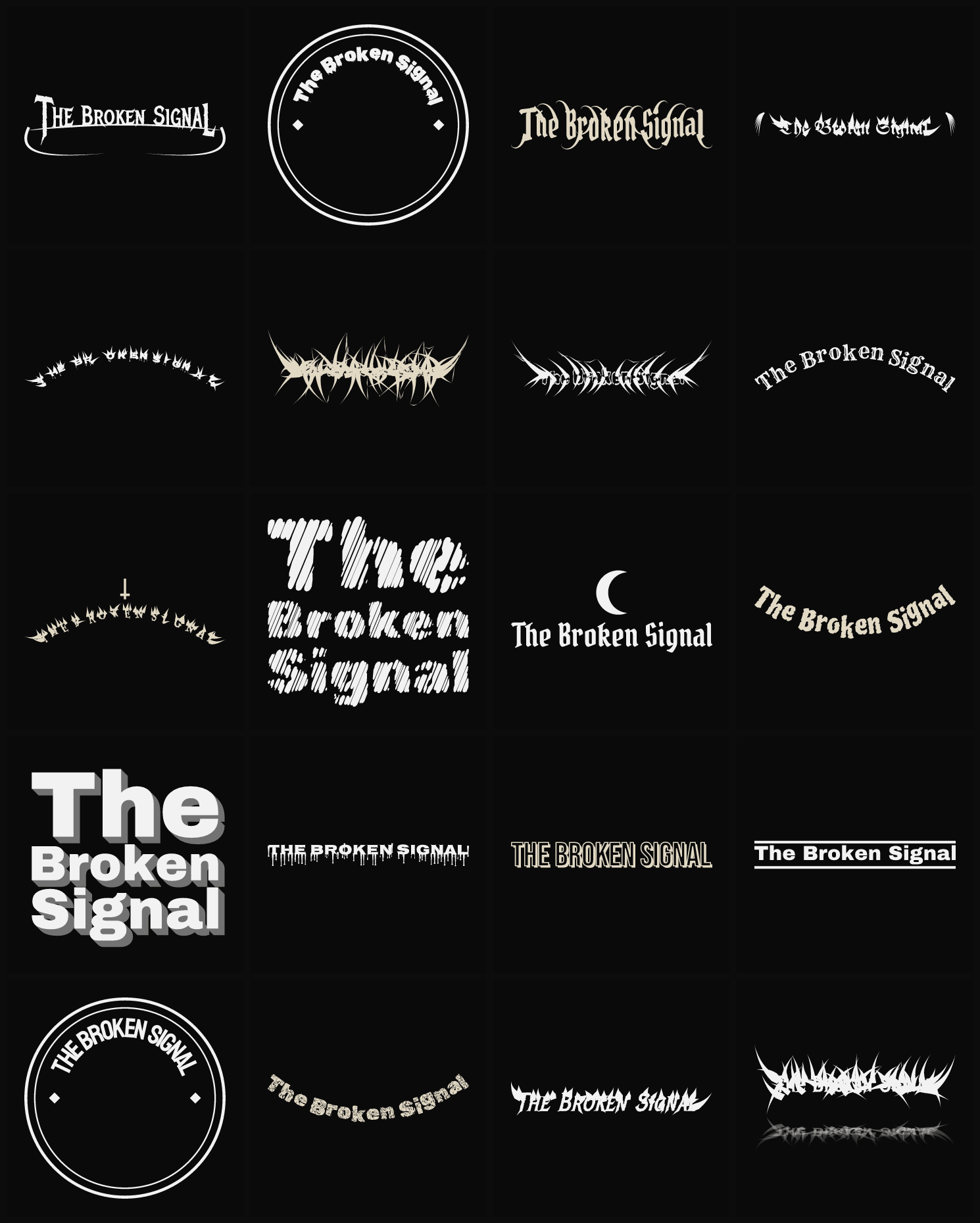 Twenty The Broken Signal band logo ideas — different faces, treatments and spike settings