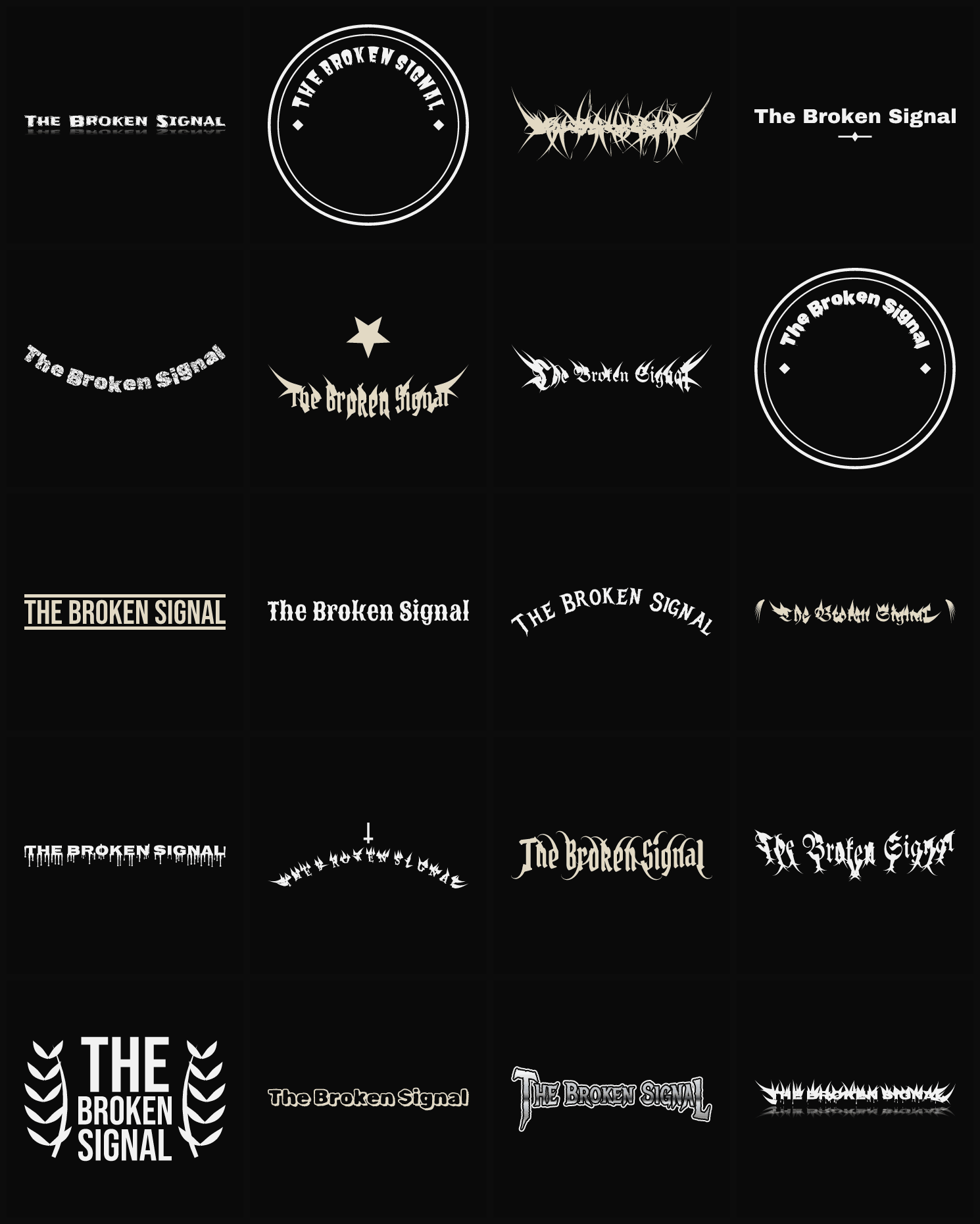 Twenty The Broken Signal band logo ideas — different faces, treatments and spike settings