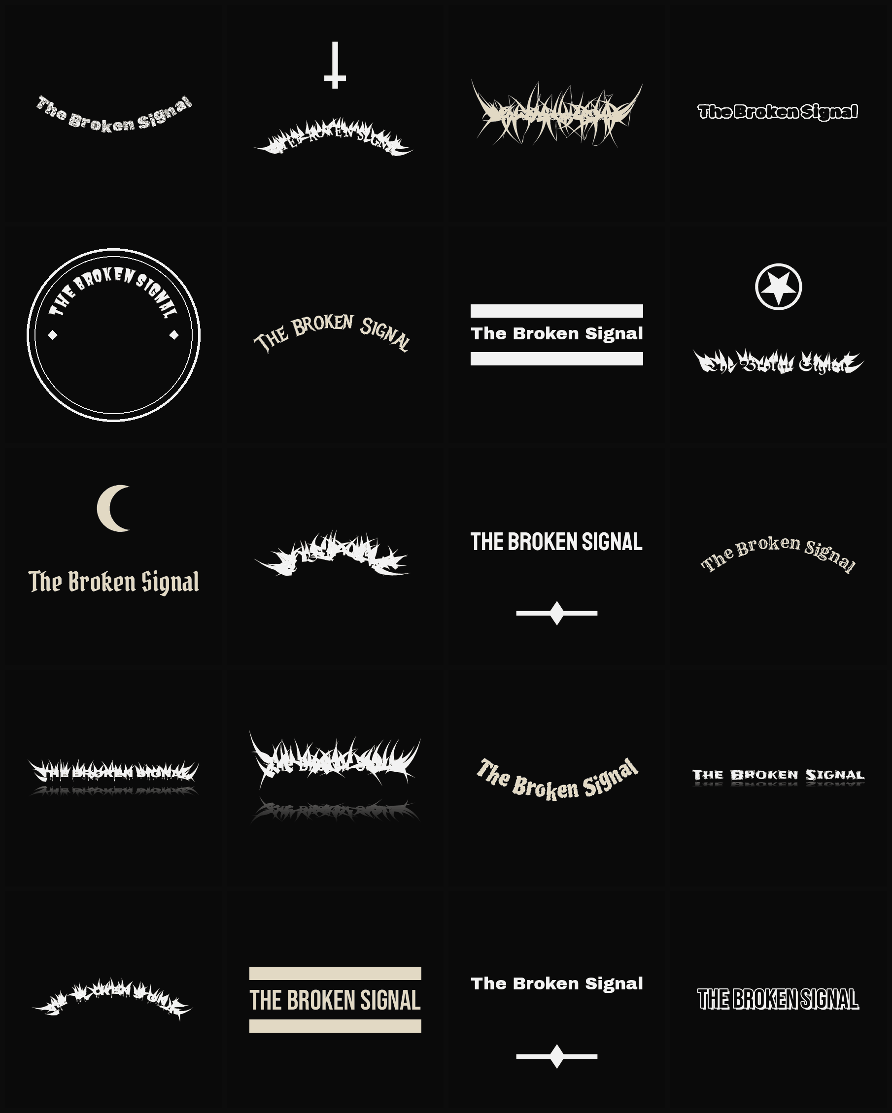 Twenty The Broken Signal band logo ideas — different faces, treatments and spike settings