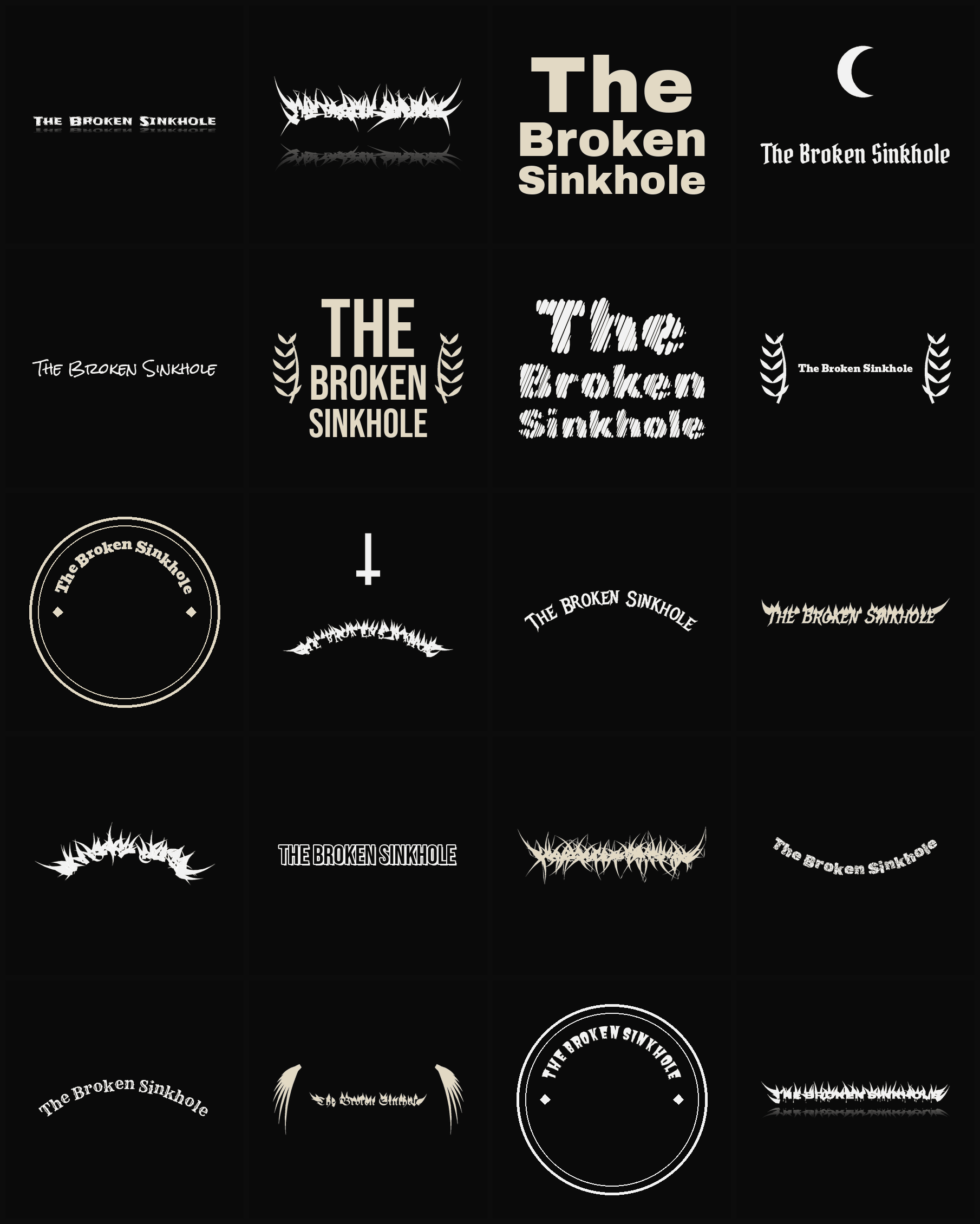 Twenty The Broken Sinkhole band logo ideas — different faces, treatments and spike settings