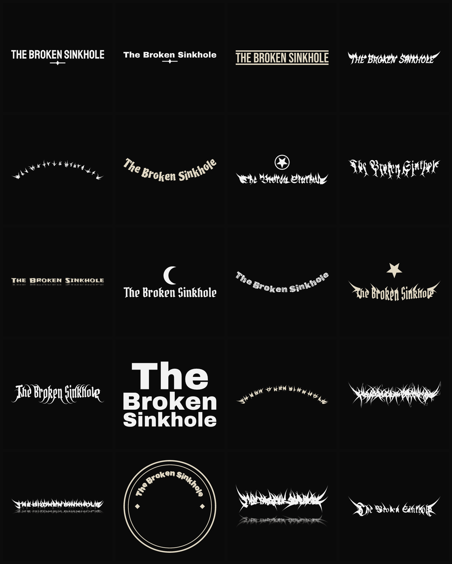 Twenty The Broken Sinkhole band logo ideas — different faces, treatments and spike settings