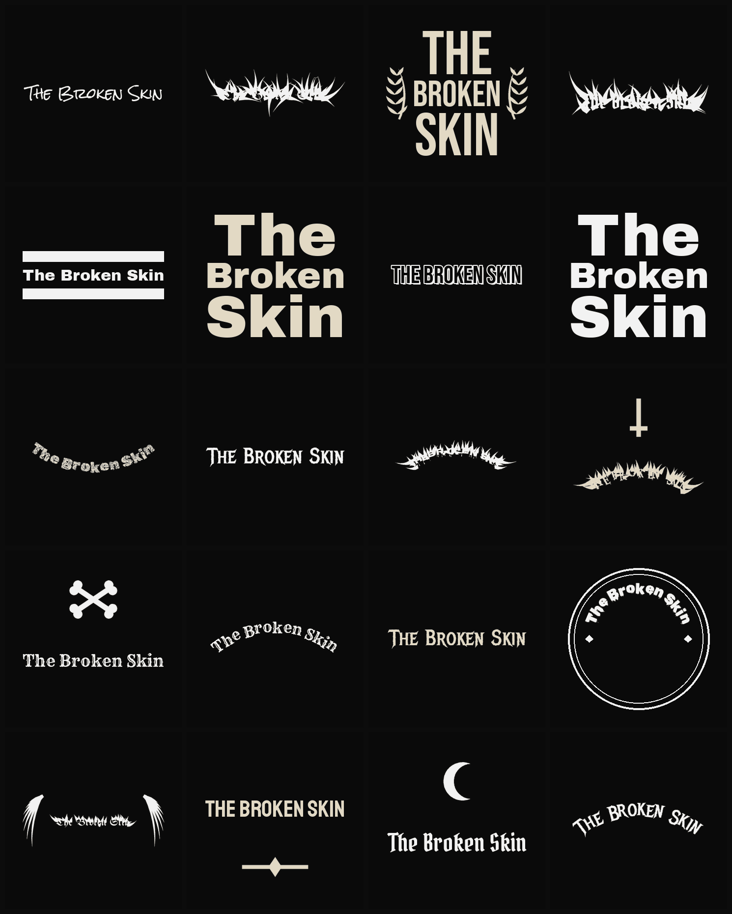 Twenty The Broken Skin band logo ideas — different faces, treatments and spike settings