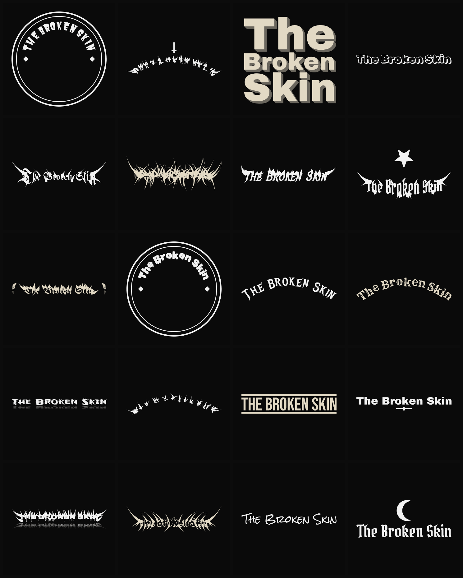 Twenty The Broken Skin band logo ideas — different faces, treatments and spike settings