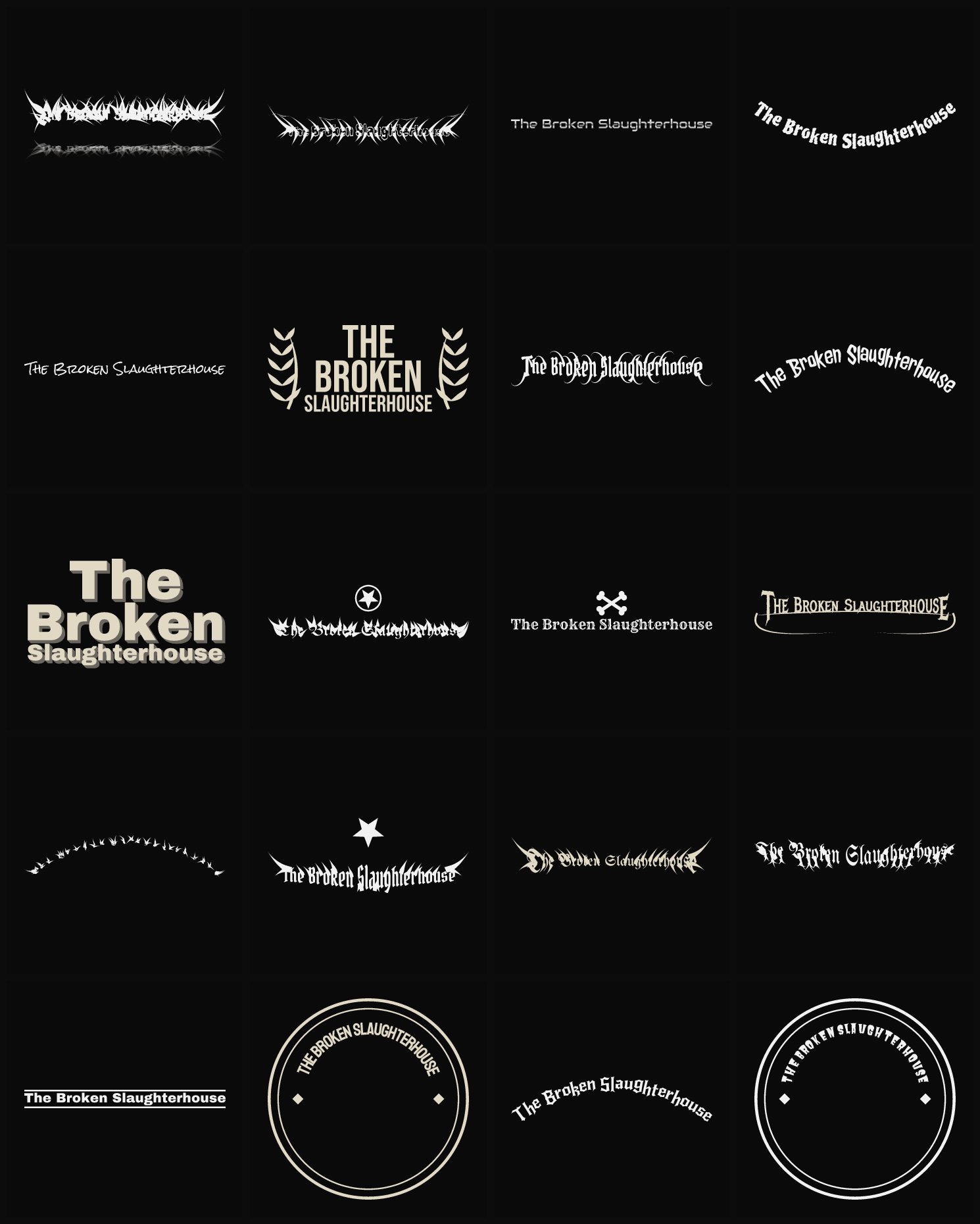 Twenty The Broken Slaughterhouse band logo ideas — different faces, treatments and spike settings