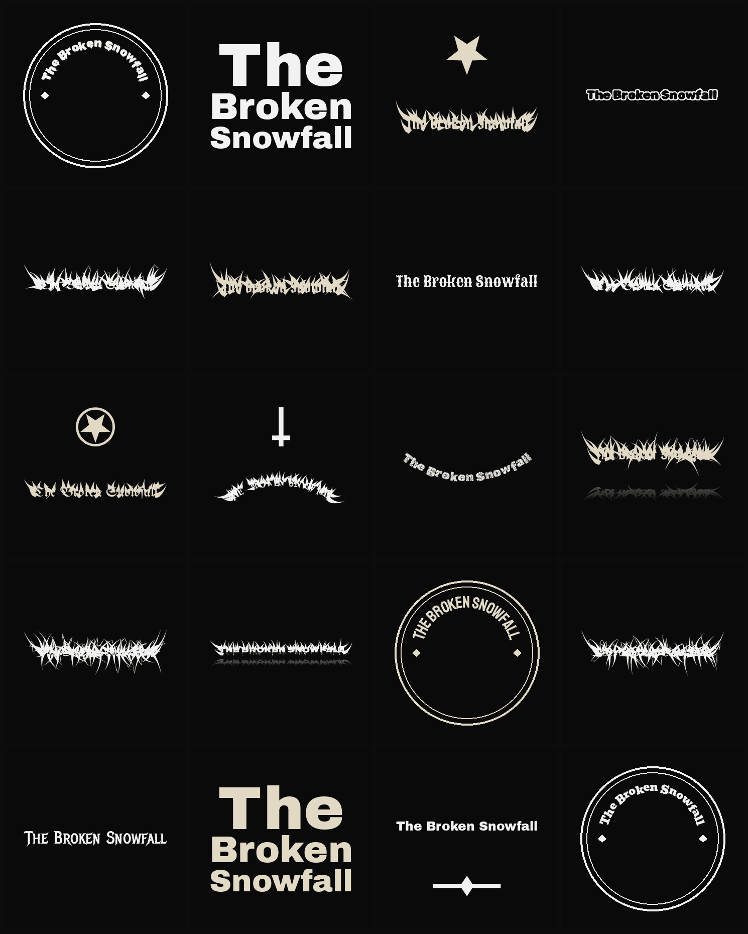 Twenty The Broken Snowfall band logo ideas — different faces, treatments and spike settings