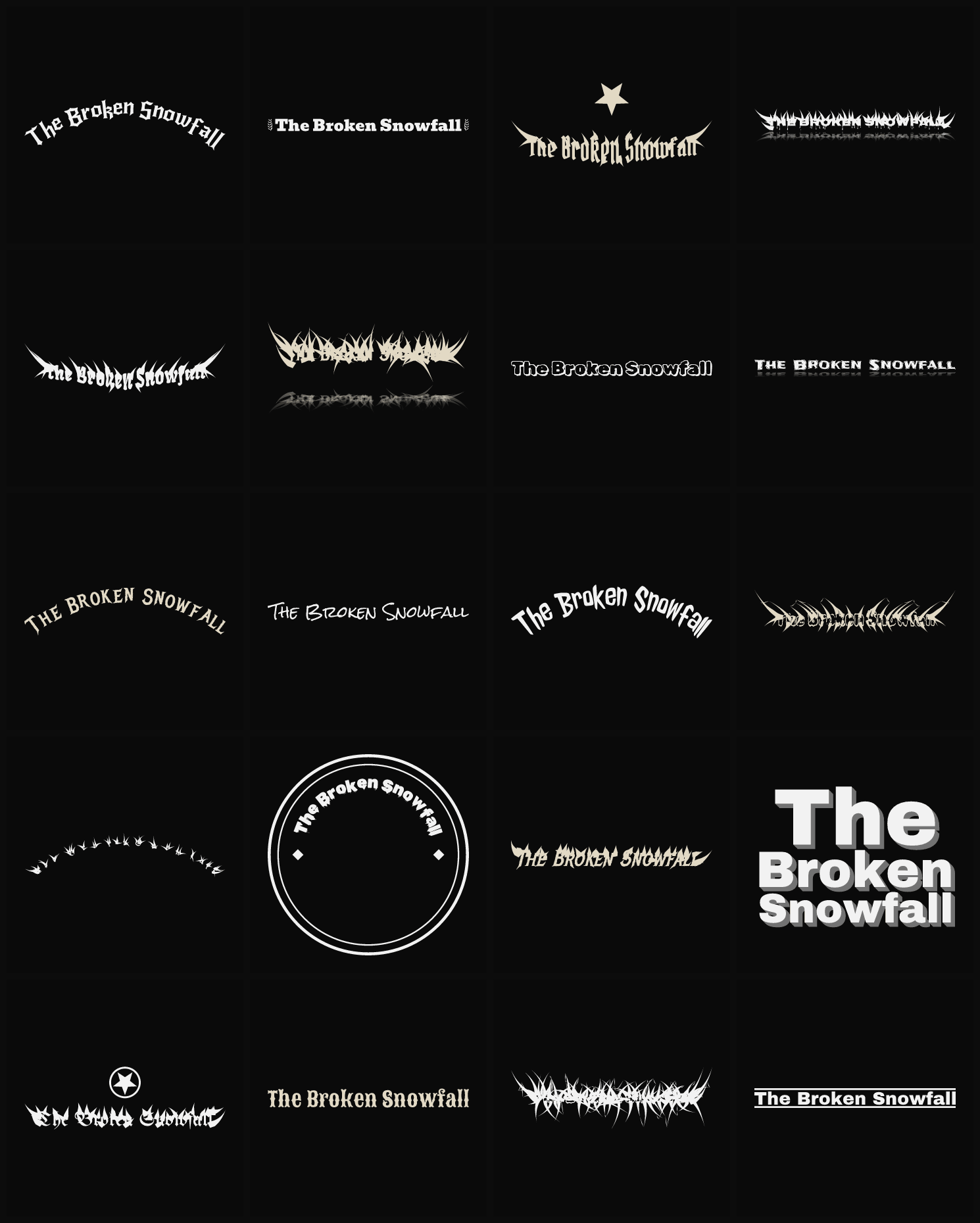 Twenty The Broken Snowfall band logo ideas — different faces, treatments and spike settings