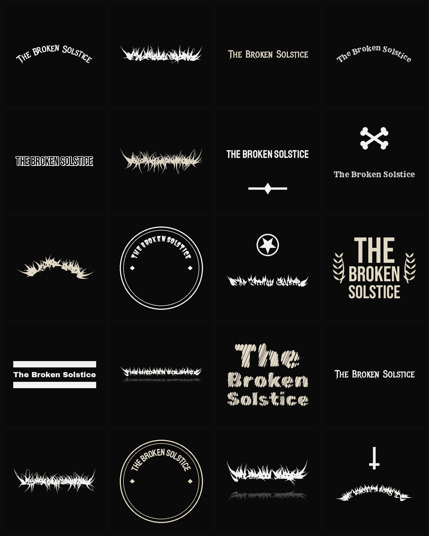 Twenty The Broken Solstice band logo ideas — different faces, treatments and spike settings