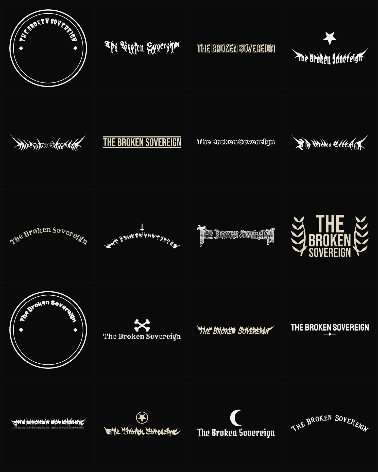 Twenty The Broken Sovereign band logo ideas — different faces, treatments and spike settings